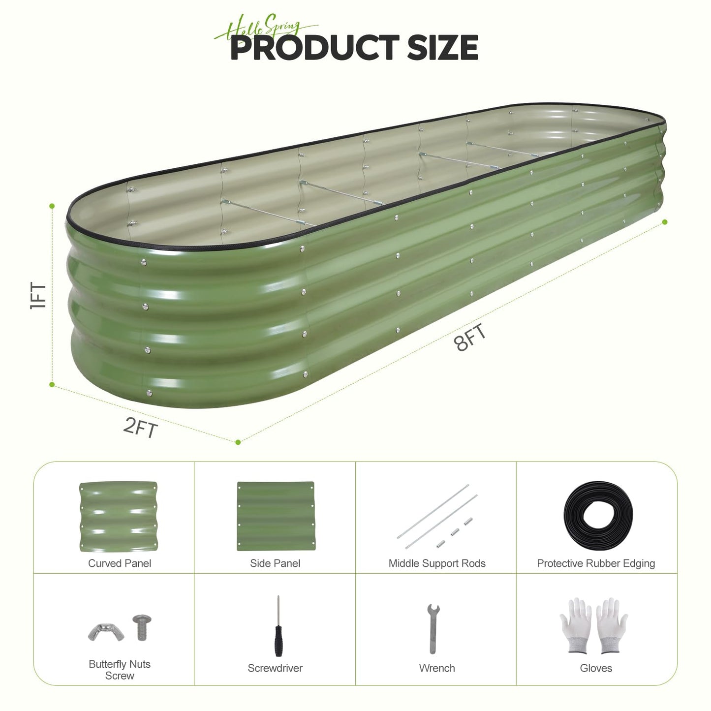 ZORMY Galvanized Raised Garden Bed 1 Pack, 8x2x1ft Oval Metal Planter Box Outdoor with Support Rods & Corner Protection, Planter Beds for Vegetables, Fruits, Flowers (OliveGreen)