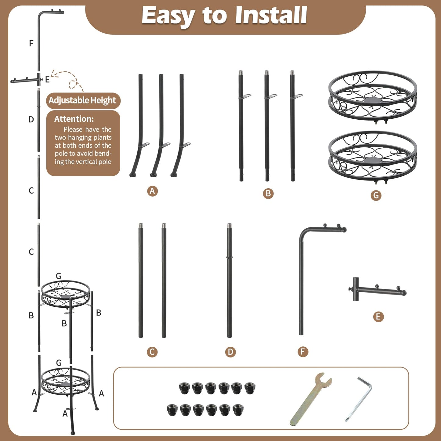 CZWL&HG Hanging Plant Stand Adjustable 2-Tier 72" Metal Shelf -Tall Indoor/Outdoor Plant Rack with Hangers for 4 Potted Flowers, Corner Shelf for Living Room & Patio (Gold)