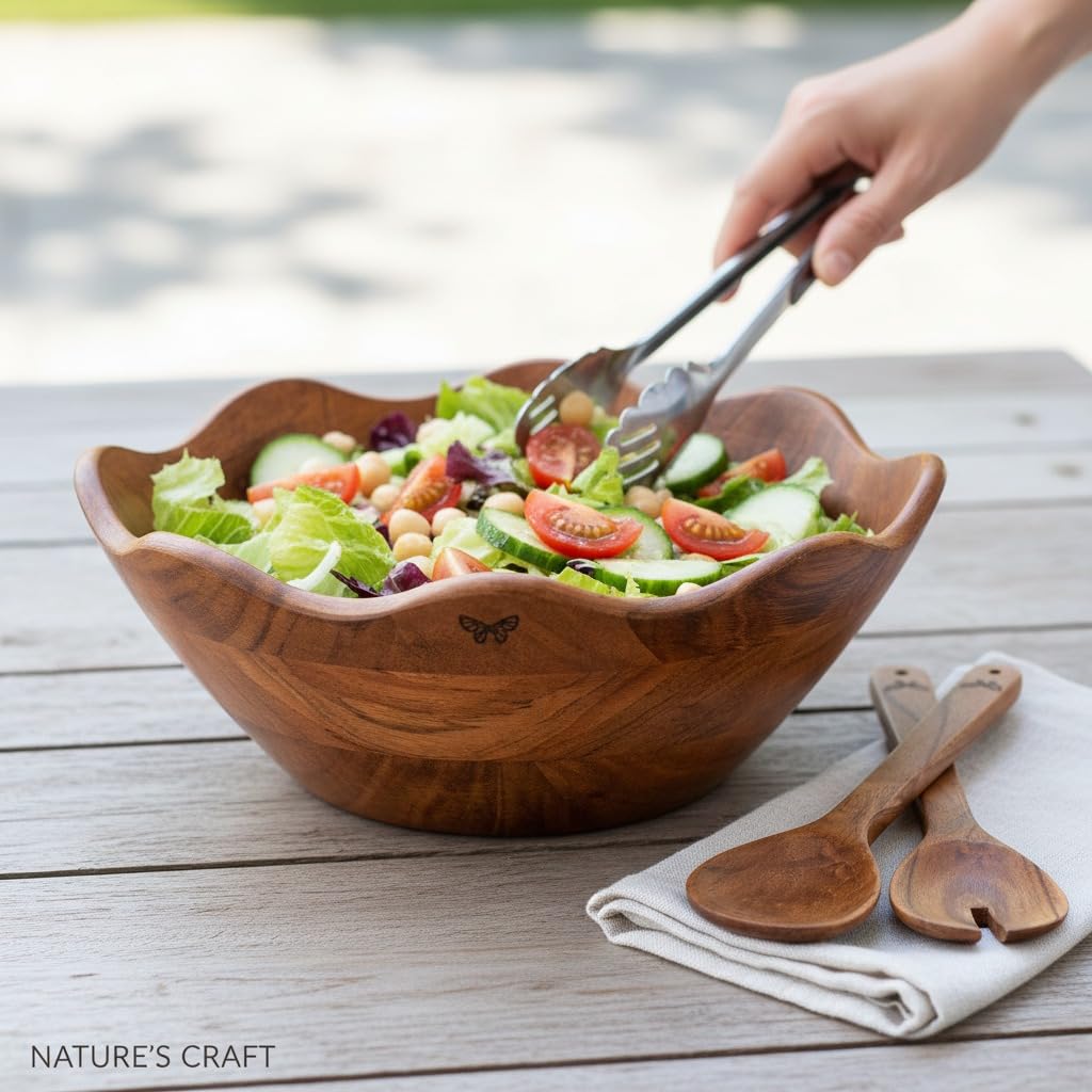Melvvi Large Wooden Salad Bowl Set with 2 Serving Utensils | 12" Acacia Wood Bowls for Food | Great Mothers Day gift (Natural Set of 3)