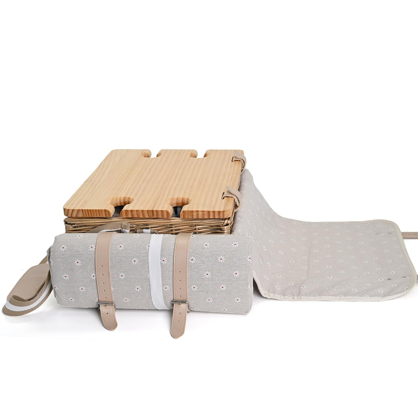Multifunctional Wicker Picnic Basket Set for 4 with Blanket and Picnic Table, Insulated Picnic Set with Full Tablewares for Camping Outdoor Couples, Flowers