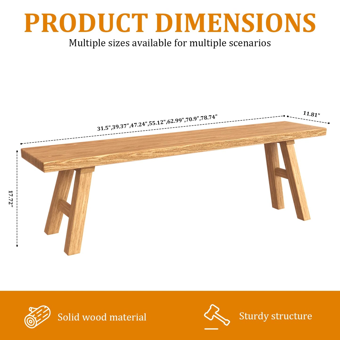 BTUASSDY 47.2" Solid Wood Entryway Bench - Extra Long Elm Wood Farmhouse Dining Bench for Hallway, Bedroom, Kitchen - Antique Natural Finish