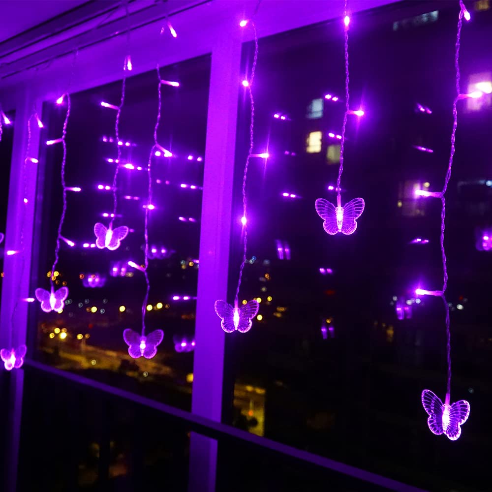 Purple Butterfly Curtain Fairy Lights USB Plug in,120 LED 8 Modes 20FT Firefly Twinkle Icicle String Lights with Remote Timer Waterproof for Halloween Bedroom Christmas Wedding Party Dorm