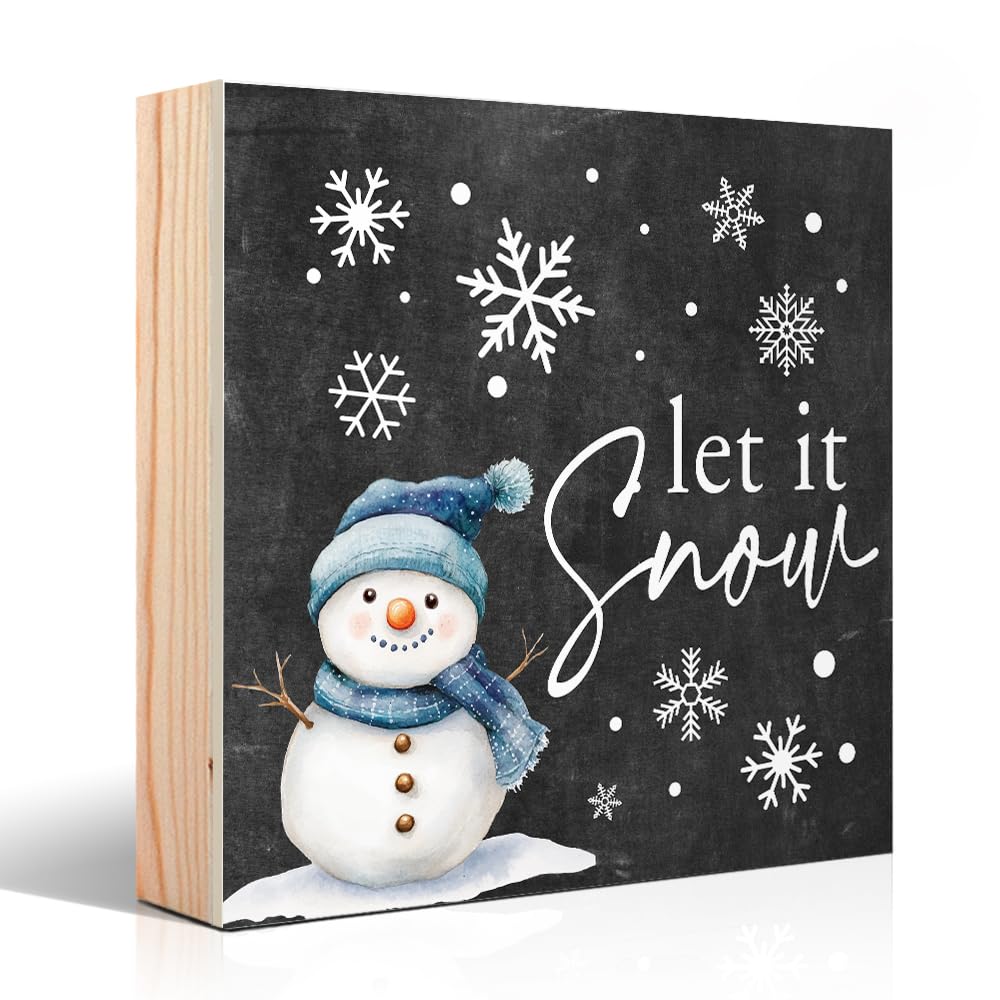 Vgrti Let It Snow Wooden Box Sign, Cute Winter Snowman Desk Sign for Holiday Farmhouse Shelf, Xmas Birthday Gifts for Women Men Friends Sisters Family BFF Snowman Lovers Colleagues