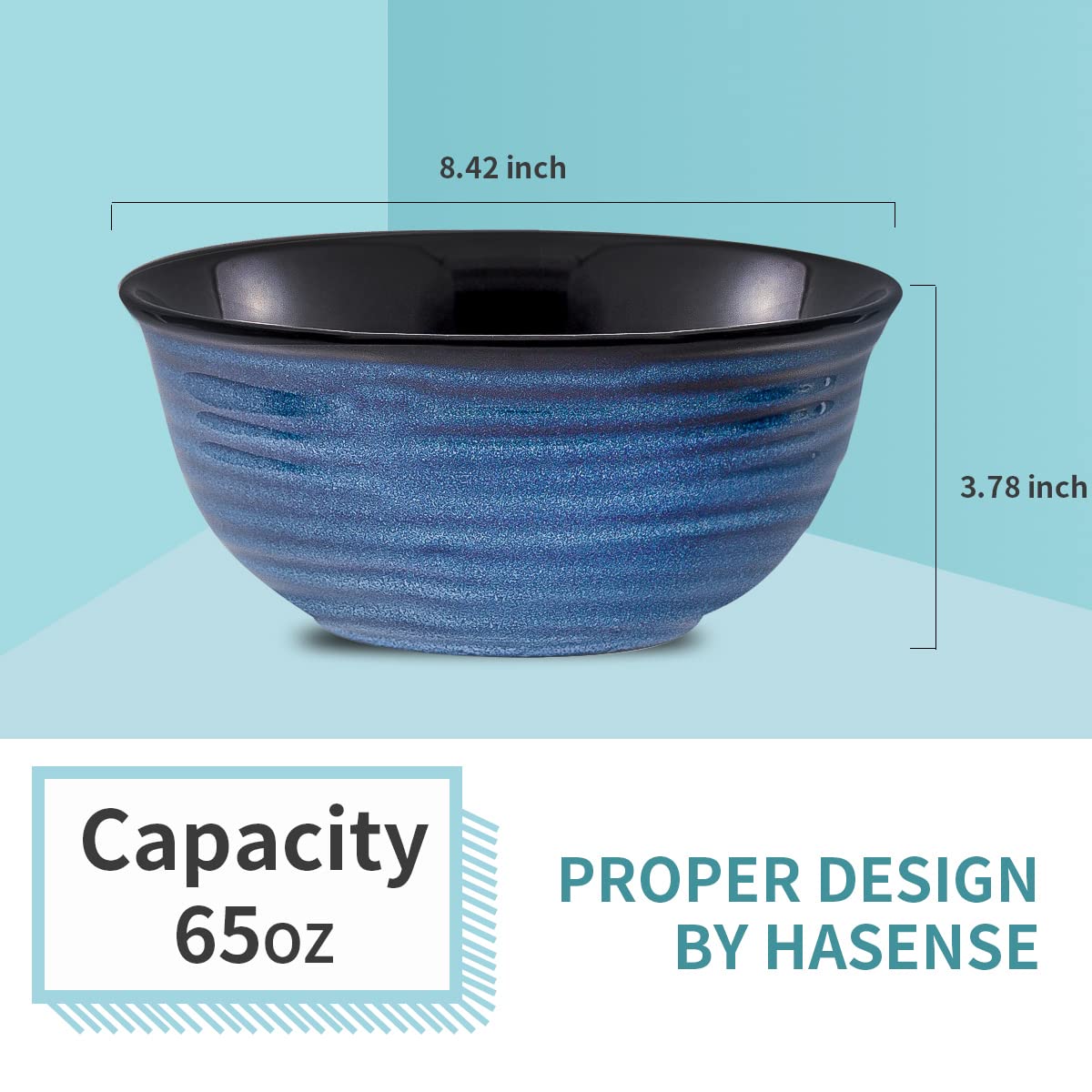 HASENSE Serving Bowls, 60 Ounces Ceramic Salad Pasta Soup Bowls, 8.5 inch Large Bowls for Kitchen Ramen Pho Fruit Cereal Popcorn, Microwave and Dishwasher Safe, Set of 2, Blue