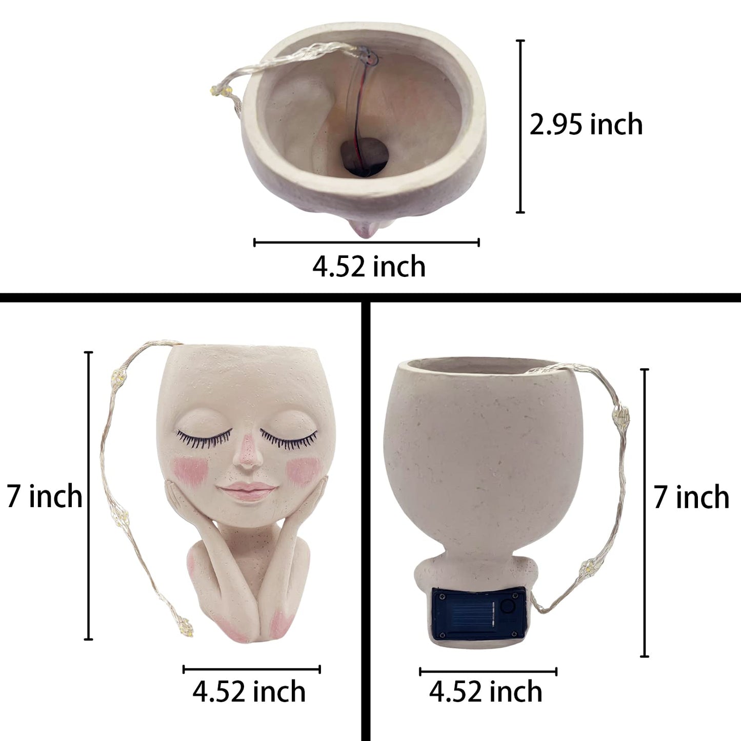 ASDFG Solar-Face Flower Pot Head Planter Pots - LED String Lights Warterproof Resin Succulent Cactus Planters Pots with Drainage Hole Cute Lady Closed Eyes Indoor Outdoor Garden Decor (Large)