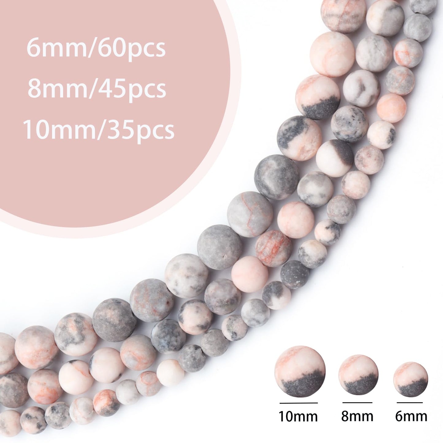 Siomia 60pcs 6mm Natural Matte Pink Zebra Jasper Beads Energy Healing Crystal Round Loose Stone Beads for Jewelry Making, DIY Bracelets Necklaces