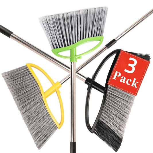 Chanhoo 3 Pack Wide Heavy Duty Angle Broom - Stiff Bristle Outdoor Brooms for Sweeping Patio, Garden, Garage, Yard (Black, Yellow, Green)