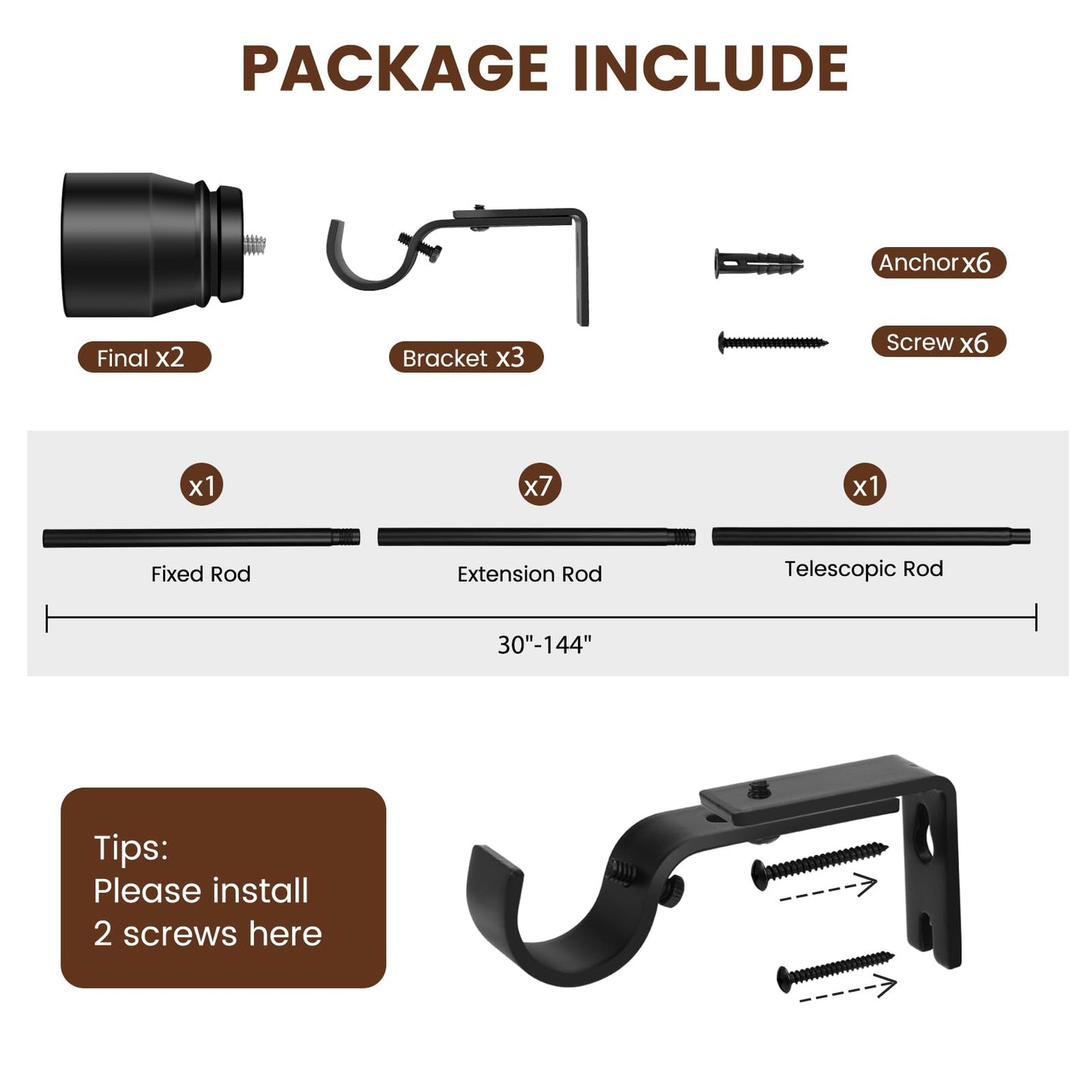 1” Diameter Curtain Rods Itself is 30 to 144 inch 1 Pack Fit 30-142 inch, 66 to 120 inch Window with Heavy Duty Adjustable Rod Matte Black Splicing Metal Extra Long Curtain Rod for Windows