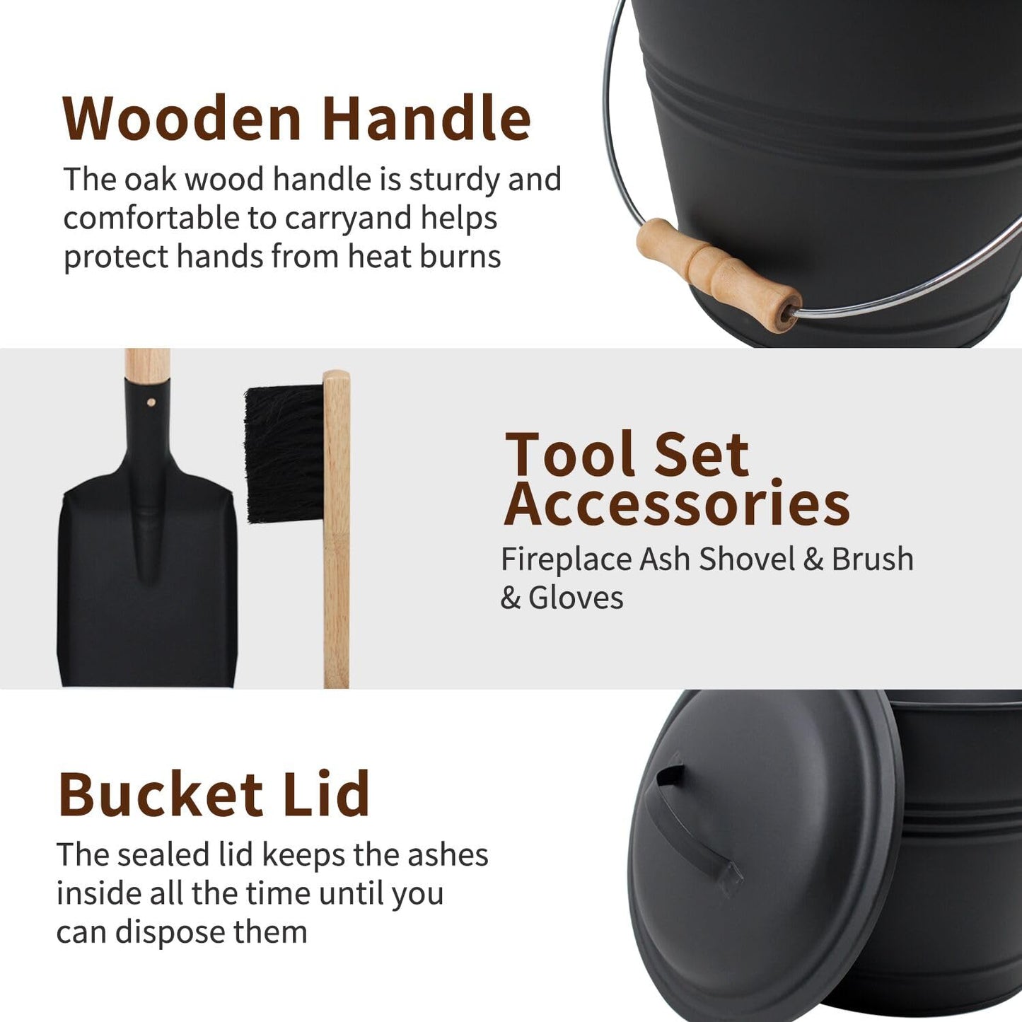 BRIAN & DANY Mini Ash Bucket with Lid and Shovel, 1.3 Gallon Fireplace Bucket with Broom, Ash Can for Fireplace, Ashes, Fire Pit, Wood Burning Stove
