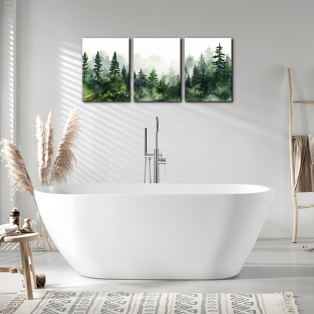 Pacimo 3 Pieces Canvas Wall Art Print Misty Forest Green Nature Mountain Painting Wall Decor for Living Room Home Decoration Natural Landscape Gallery Wrapped Posters and Prints - 12"x16"x3
