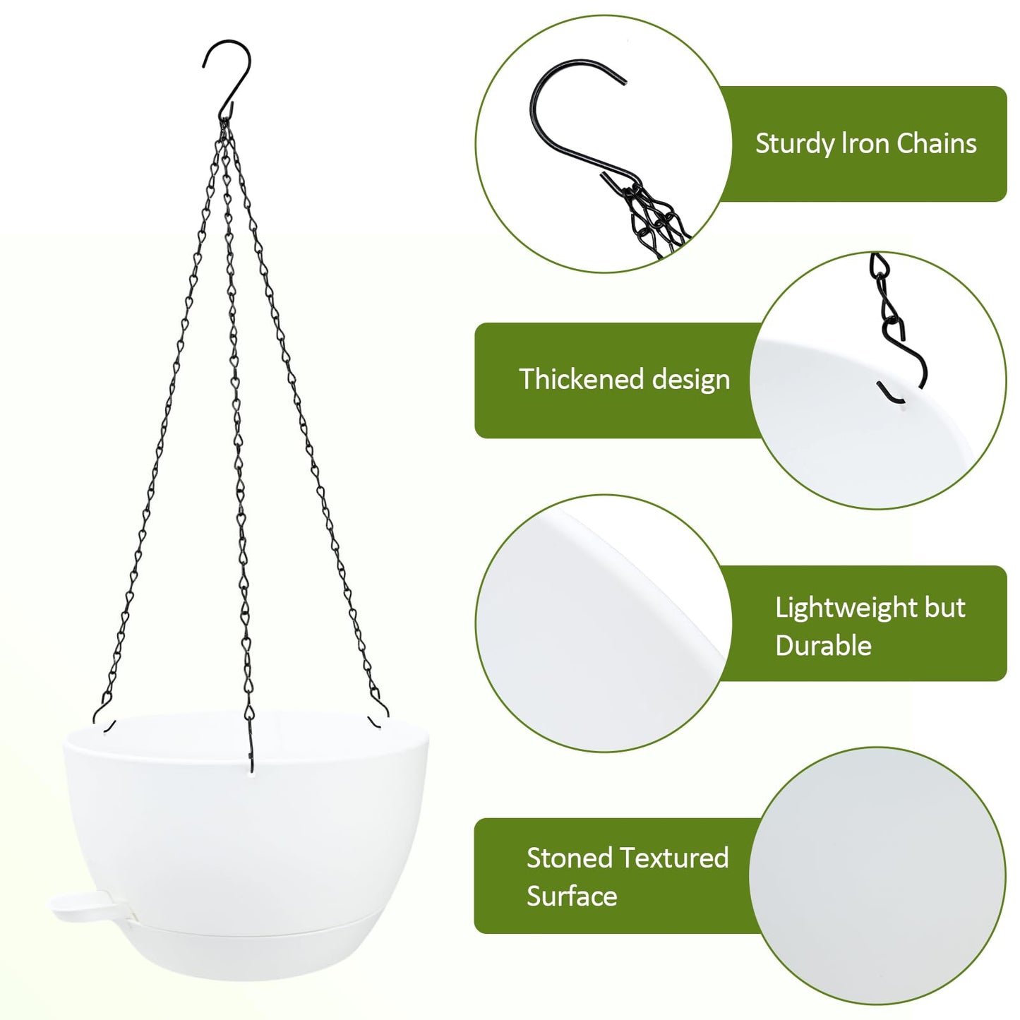 WOUSIWER Self Watering Hanging Planters, 2 Pack 12'' Plastic Pots with Drainage Holes & Reservoir Tray (White) | Indoor & Outdoor Use for Ferns, Ivy, Herbs, Succulents