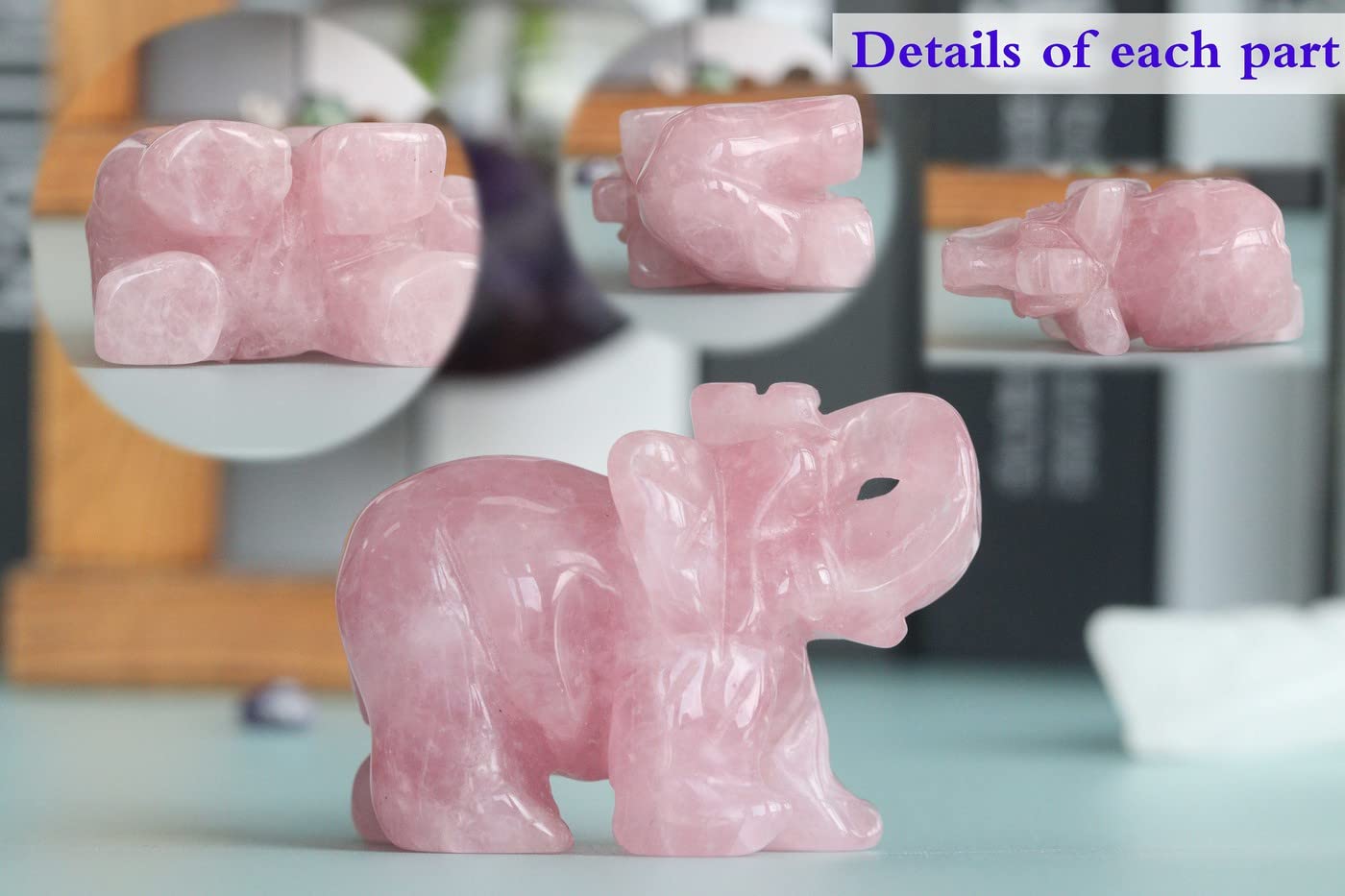 2" Rose Quartz Elephant Decor Healing Crystal Pink Cute Natural Hand-Carved Polished Figurines Statue Gemstone Energy Hippie Home Room Office Desk Decoration Valentine's Day Gifts for Women