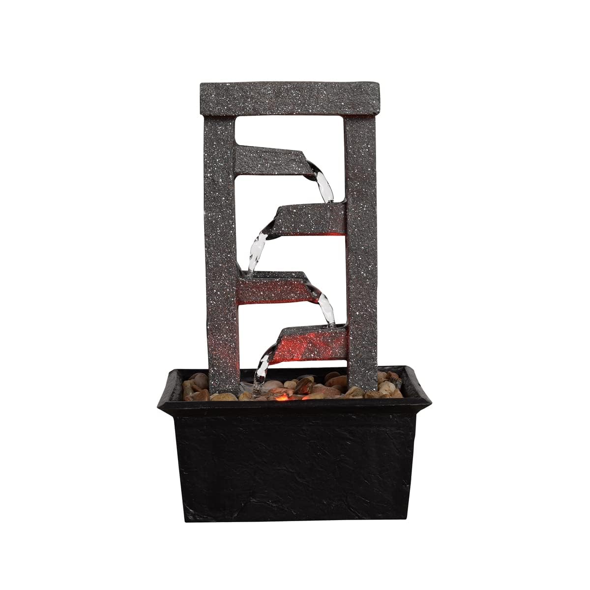 GOSSI 10" 4-Tier Tabletop Waterfall Fountain with Natural River Rocks, LED Lights, Resin Indoor Water Feature for Home Office Decor, Meditation Relaxation Gift