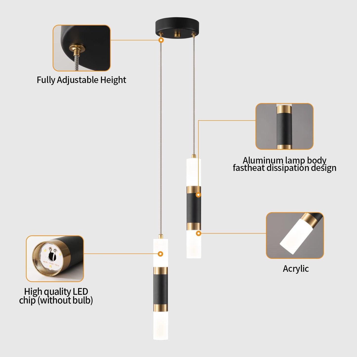 LIANGMH 2-Light Pendant Lights Kitchen Island Dimmable LED Modern Mini Pendant Light, Bedroom Small Pendant Light Fixtures (Black Gold)