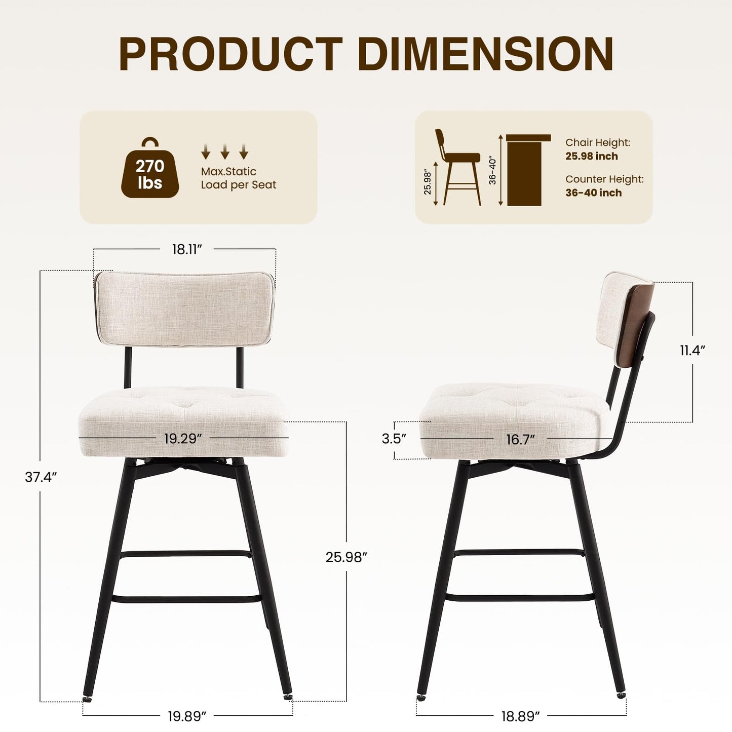 kinmars Bar Stools Set of 4, Counter Height Bar Stools, Modern Counter Stools with Metal Legs, for Kitchen Island Dining Room Bar