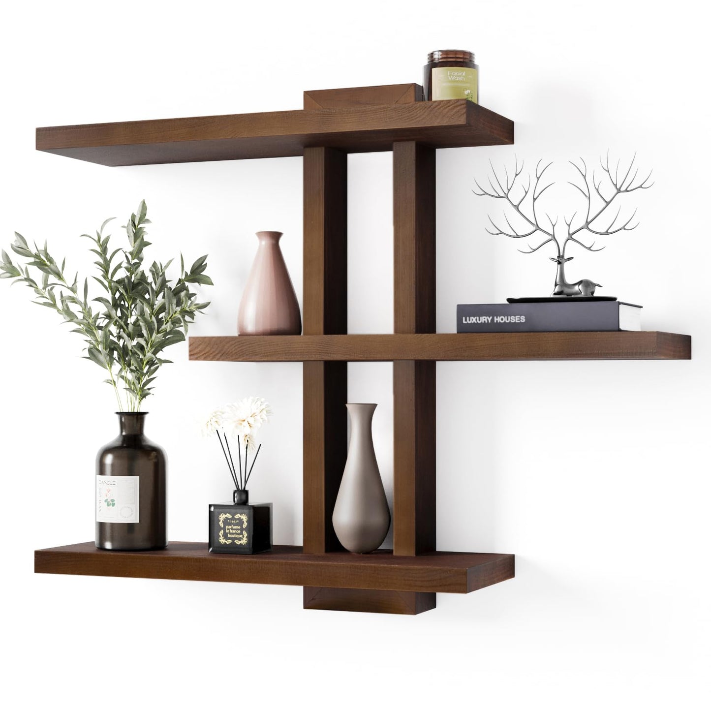 yaqew Variable Wood Floating Shelves Set of 3, Wall Cube Shelves 28.35" Max, Wall Shelves for Living Room Bathroom Bedroom - Light Walnut Color - 28.35" x 23" x 5.9" Max