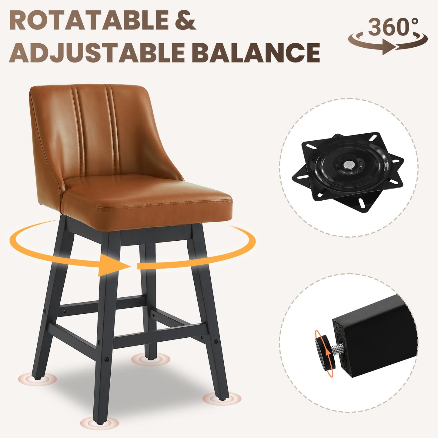 kinmars 27'' Counter Height Bar Stools Set of 4, Swivel Bar Stools with Backs, Modern Faux Leather Bar Stools for Kitchen Island, Solid Wood Legs, Adjustable Feet (PU - Brown, Set of 4-27" H)