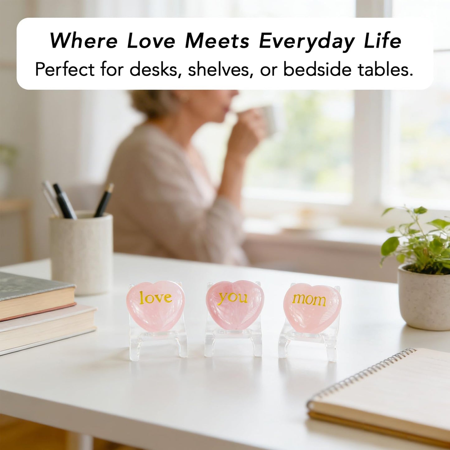 Rose Quartz Heart Gift for Mom, Love You Mom Crystal Keepsake with Acrylic Stand, Mom Birthday Gift from Daughter Son, Mothers Day Desk Decor, Thank You Mom Gift with Card and Box (Gold)