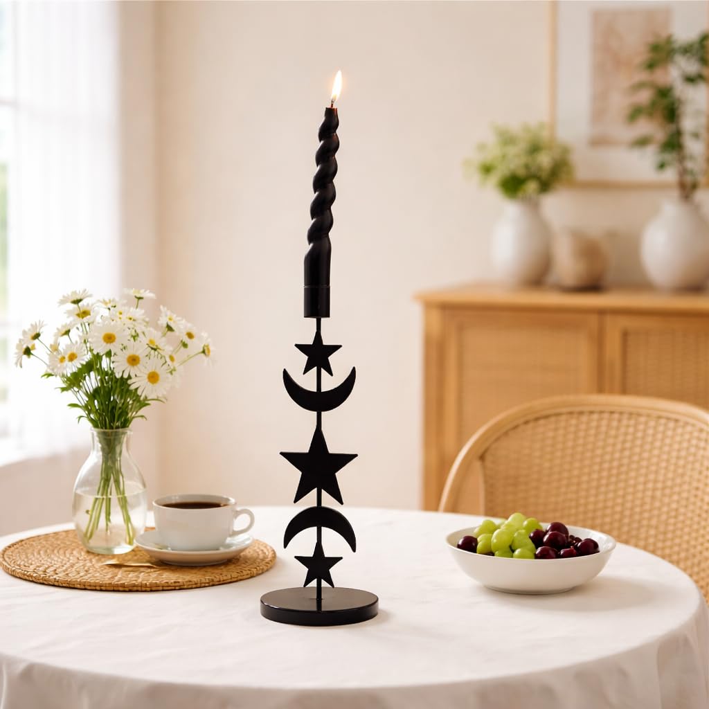 Metal Moon Star Candle Holder - 11 Inch Black Taper Candlestick Holder for Table Centerpiece - Modern Celestial Decorative Candle Stand for Mantel, Dining Room or Boho Home Decor (1 Pack)