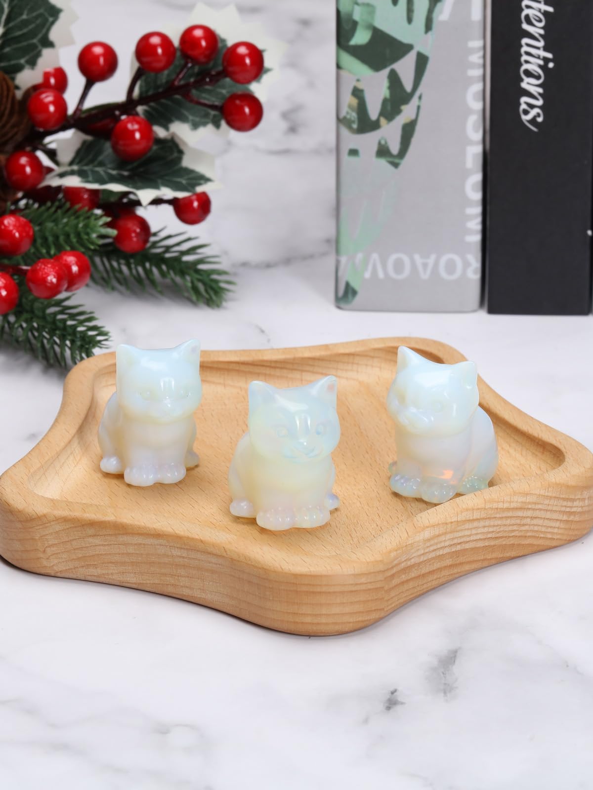 CrystalTears Opalite Crystal Cat Figurine Carved Healing Crystal Gemstone Cat Lucky Cute Stone Cat Statue for Home Office Desk Meditation Decor Crystal Gifts for Women Men Cat Lover Christmas