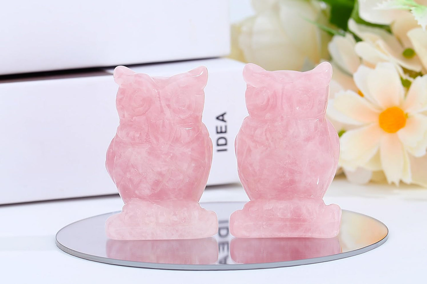 YATOJUZI 2” Owl Decors Natural Rose Quartz Crystals Stones Pink Cute Decor Polished Hand-Carved Sculpture Statue Figurines Gemstone Home Office Desk Decoration Reiki Energy Gifts