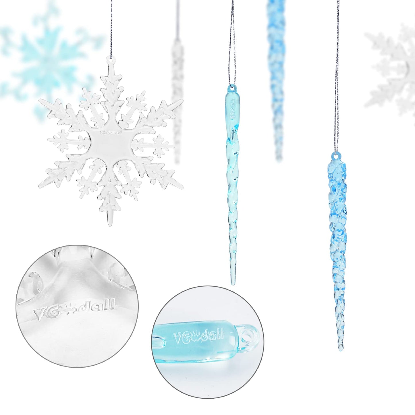VGOODALL 36PCS Clear Snowflake & Icicle Ornaments, Acrylic Christmas Tree Decorations with Gold & Silver Strings Winter Wedding/Party/DIY Decor