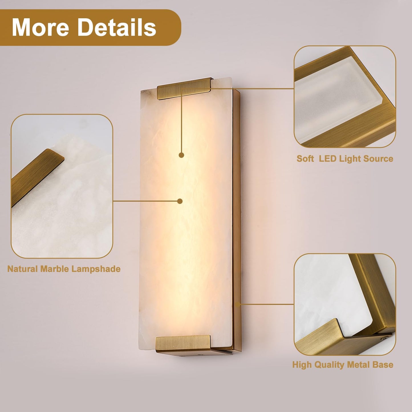 HOMLUCE 14.2in Alabaster Wall Sconce, Large Natural Marble Wall Light Decor, LED Modern Wall Lamp for Bedroom, Stairs, Living Room, Vanity, Bedside, Hallway （Brushed Bronze 12W）