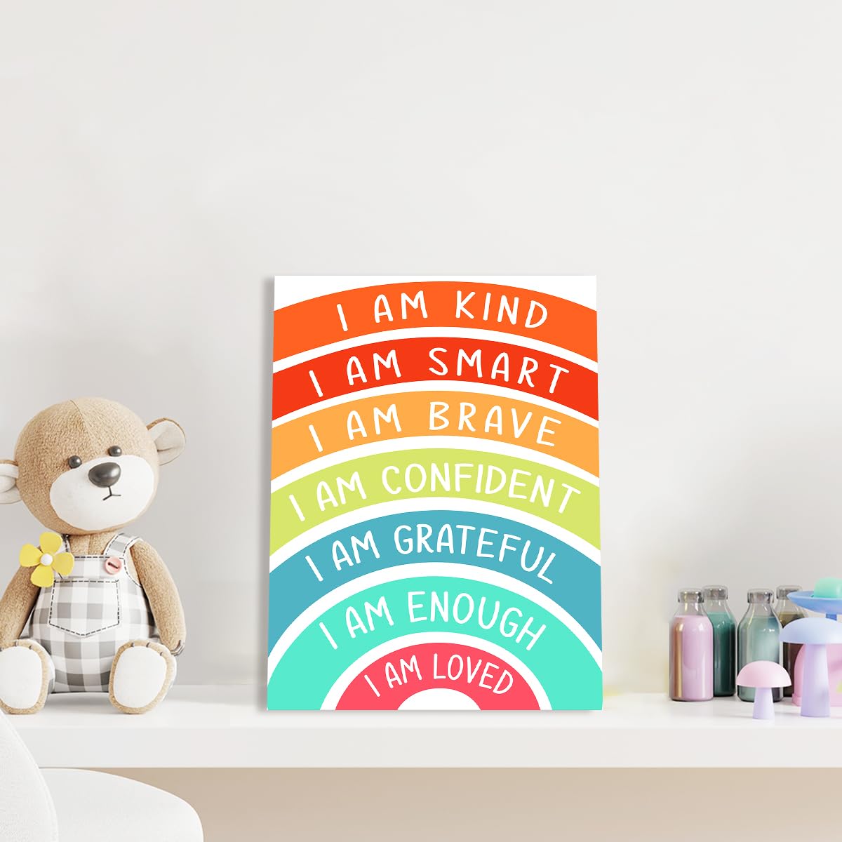 Positive Kids Affirmation Wall Decor, I Am Kind Smart Rainbow Classroom Wall Art Canvas Framed Print for Calming Corner School Counselor Wall Decor 12 x 15 in