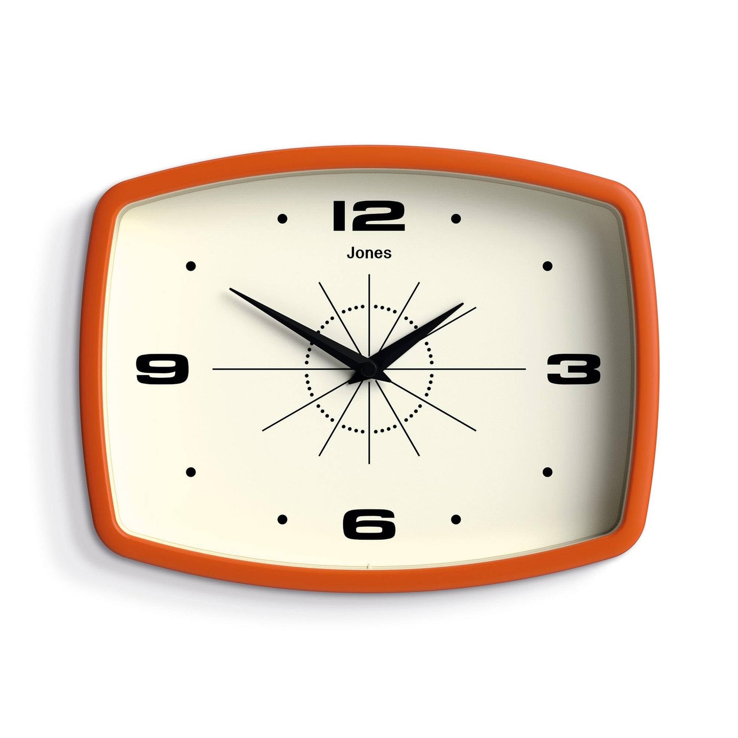 JONES CLOCKS® Movie wall Clock | Retro Rectangular Clock | 10 inch | Orange | Cool mid-Century Designer Look for Kitchen, Living Room or Office