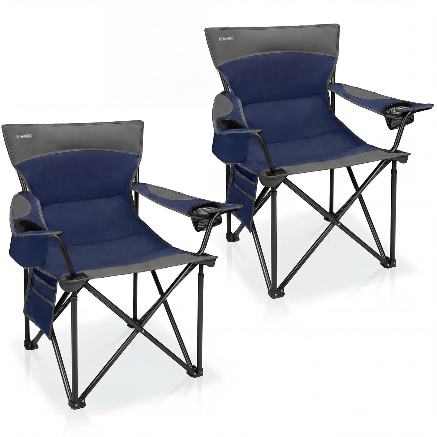 Oversized Camping Chair for Adults - 2 Pack Padded Lawn Chairs with Cup Holder & Side Pocket,Heavy Duty Folding Outdoor Chairs for Camp,Sports,Picnic,Beach,Dark Blue