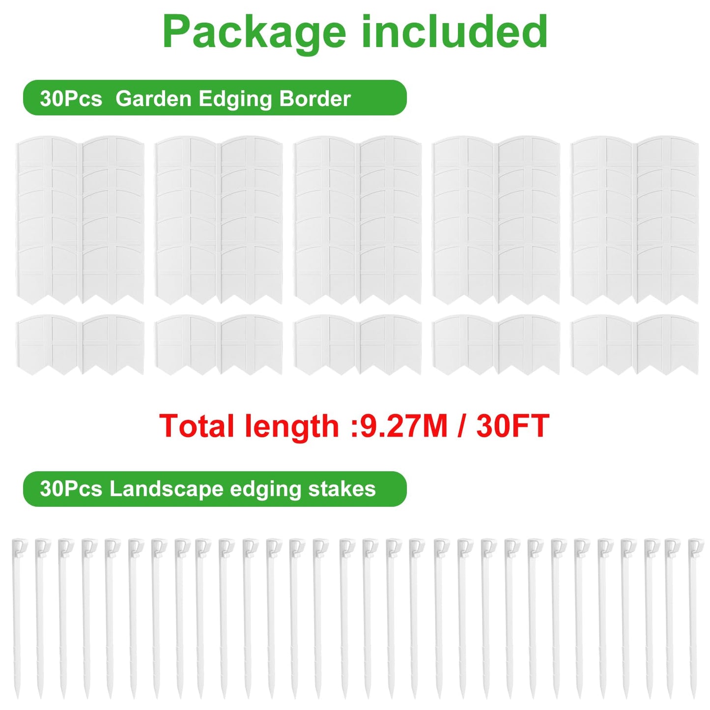 30Ft Landscape Edging Garden Edging Border Lawn Edging 30Pcs Landscape Edging Border with 30Pcs Stakes Kits White Edging for Landscaping Decorative Garden, Flower Bed, Yard and Lawn