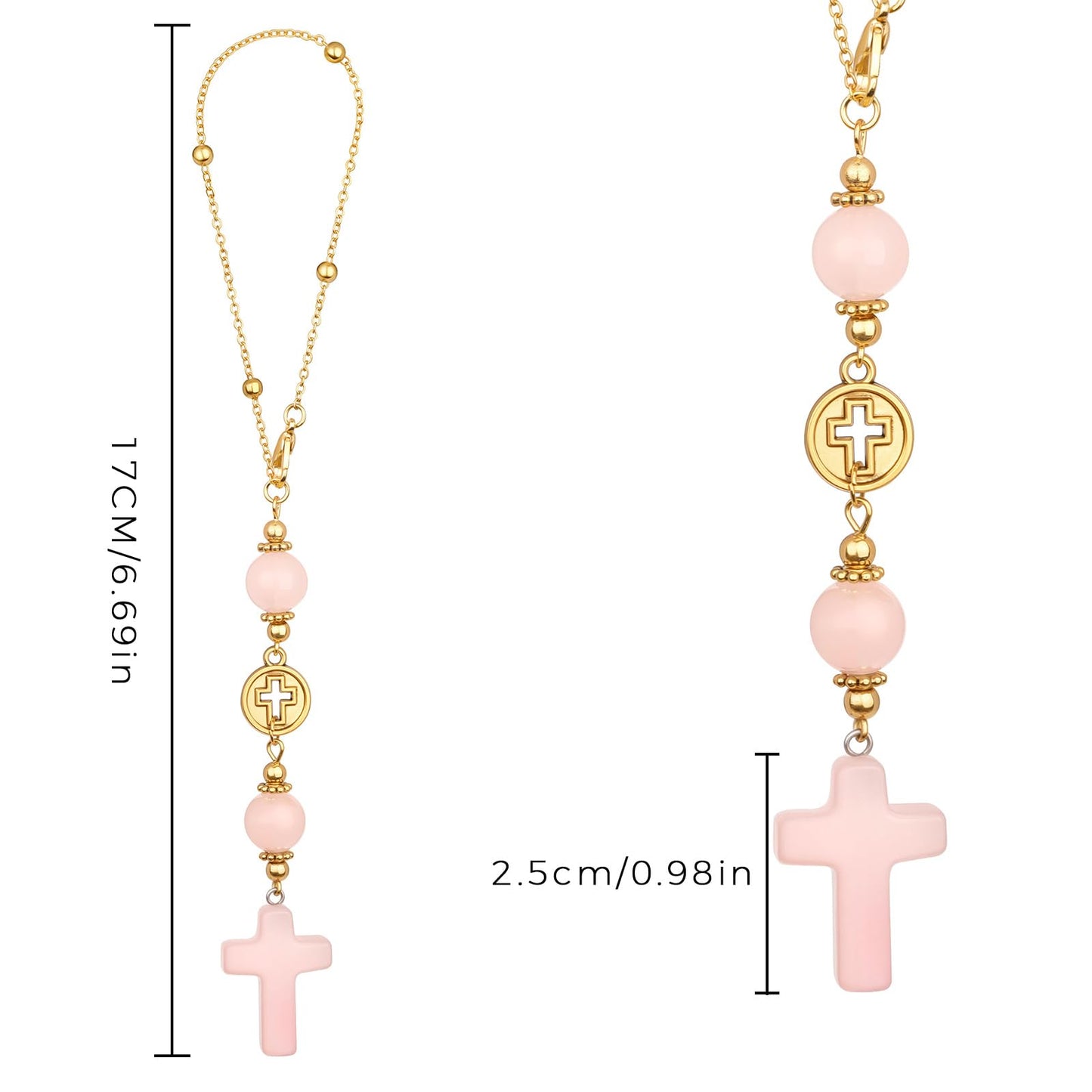 Cross Crystal Hanging Car Charm,Cute Healing Stones Car Decor for Rear View Mirror Boho Handmade Sun Catcher Ornament Accessories Rose Quartz Crystal Protection for Women