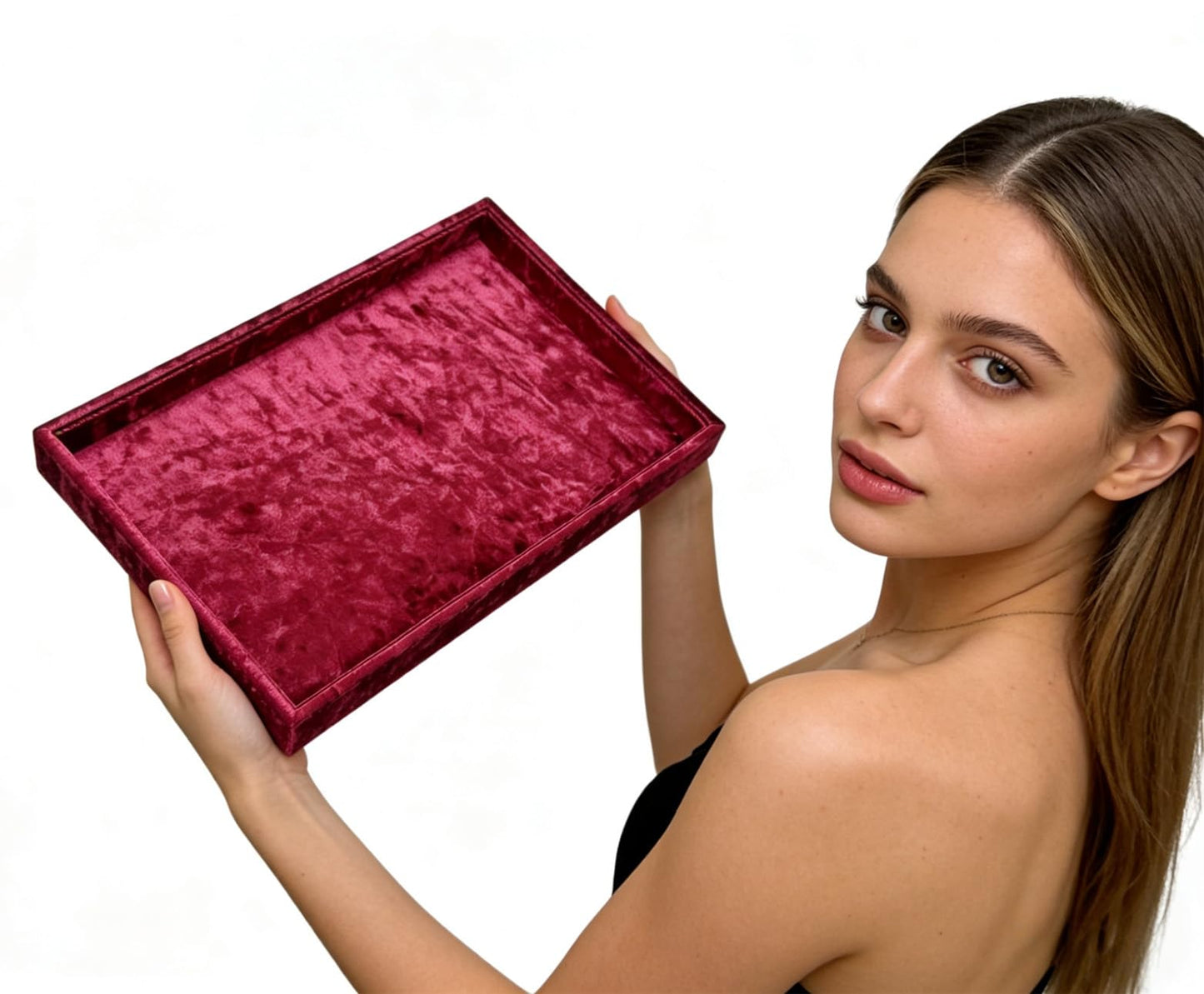 AgentMoon 2 Pieces Set Decorative Jewelry Tray,Makeup Removed Tray or Storage Tray for Eyeglasses Phone Watch Bracelet Earring.Special Velour Lining Fully Wrapped. (2PCS) (Embossed Red)