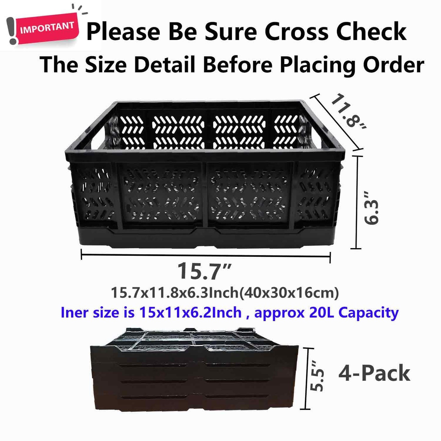 KINGSUSLAY 4-Pack Plastic Storage Crates,20L Foldable Baskets,Collapsible Crates, Storage Baskets and Bins for Toys, Home Storage, Office Products, Christmas Gifts, Easter Eggs (Black)