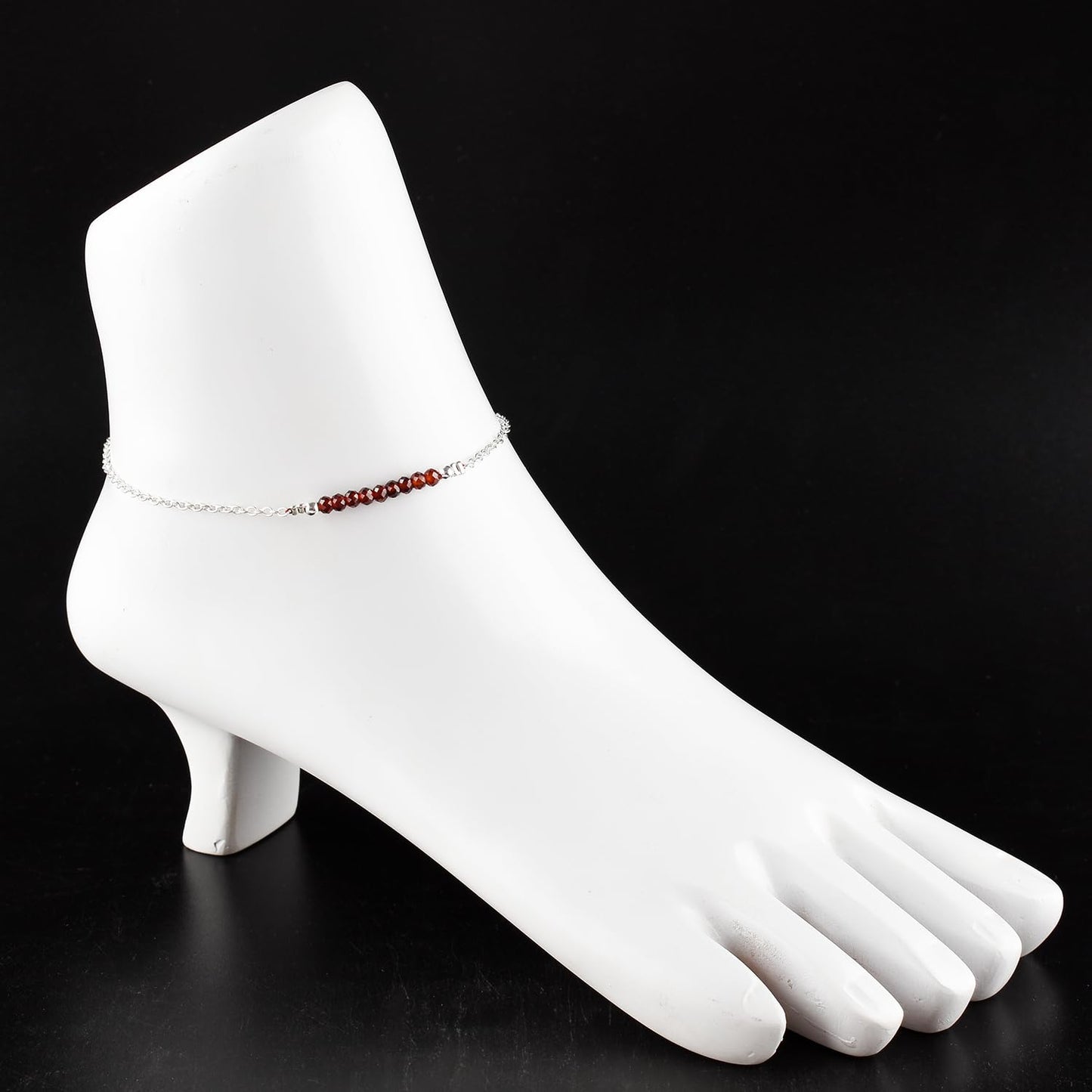 YANARA Garnet Ankle Bracelets for Women, Natural January Birthstone, Red Beads, Boho Chakra Healing Crystals, Dainty Anklet 9"+1.25" inch Silver Plated Adjustable Chain, Valentines Day Gifts For Women