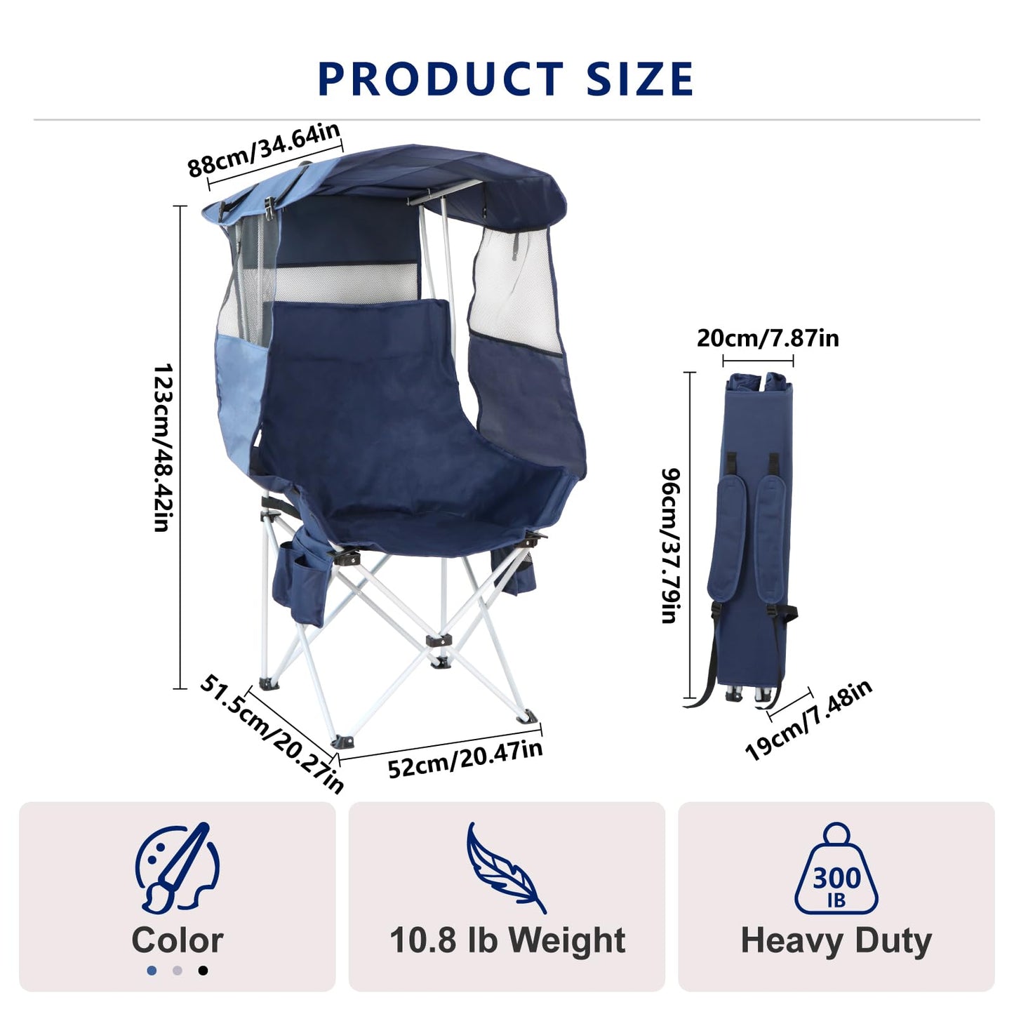 Folding Camping Chairs Canopy Outdoor: Sports Portable Beach Chair with Canopy-Lawn Beach Chairs with Umbrella for Adults-Camping Chair with Shade for Fishing Camp Heavy Duty (Regular, Navy Blue)