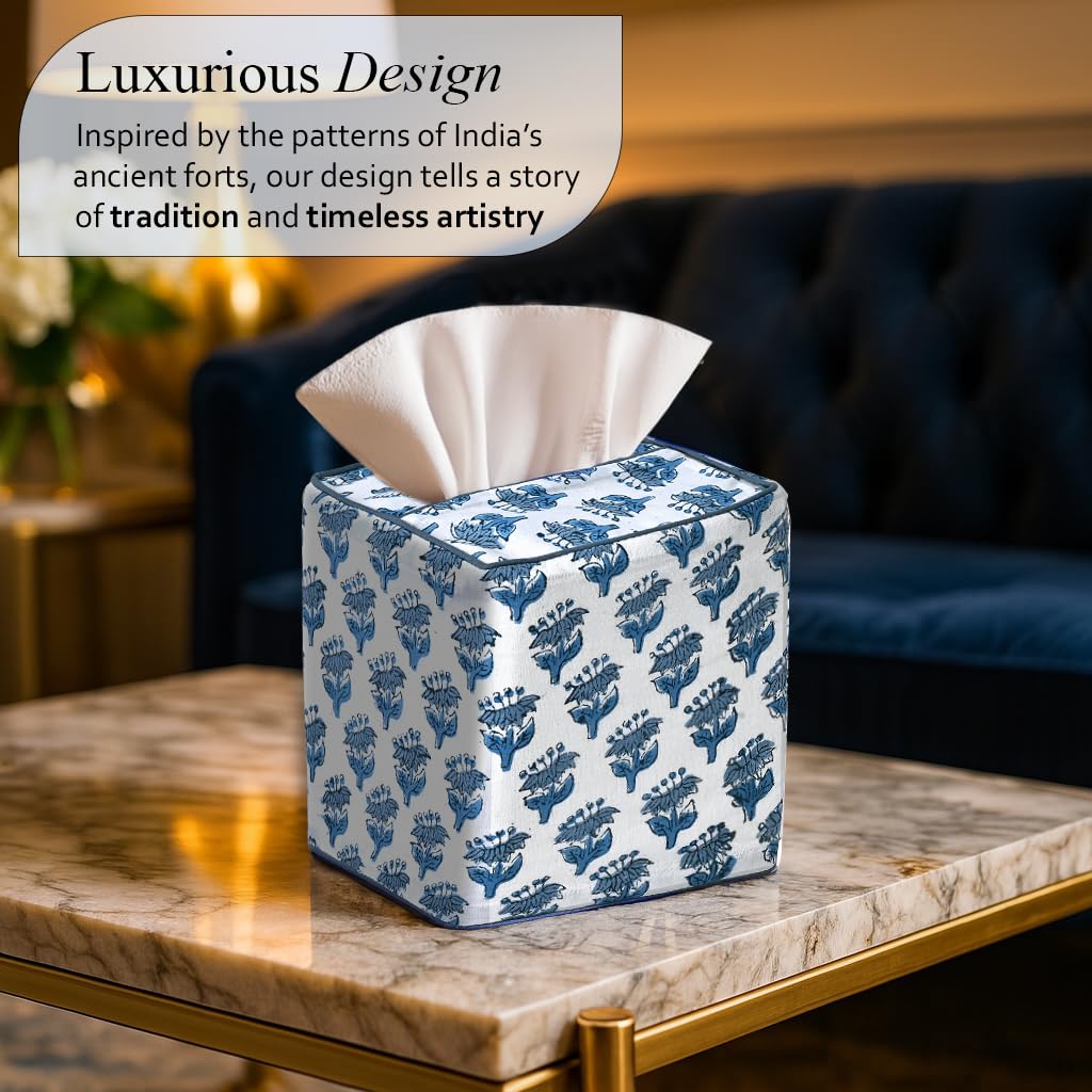 CPC Apatite Blue Hand Block Printed Cotton Tissue Box Cover 5" x 5" x 5.5" Square Soft Reusable Boho Napkin Holder for Home Kitchen Dining Bathroom Office Cafe Spa, Gift for Spring, Mother's Day