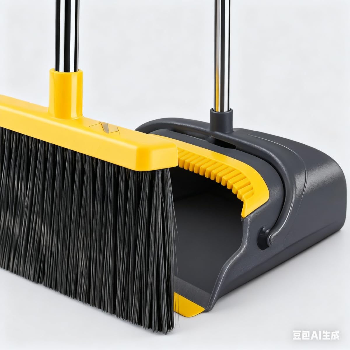 Broom and Dustpan Set with Long Handle - Upright Dustpan & 3 Rows Dense Bristles, Ideal for Home, Office, Kitchen, Lobby, Shop, All-Purpose Indoor & Outdoor Sweeping,Gray&Yellow