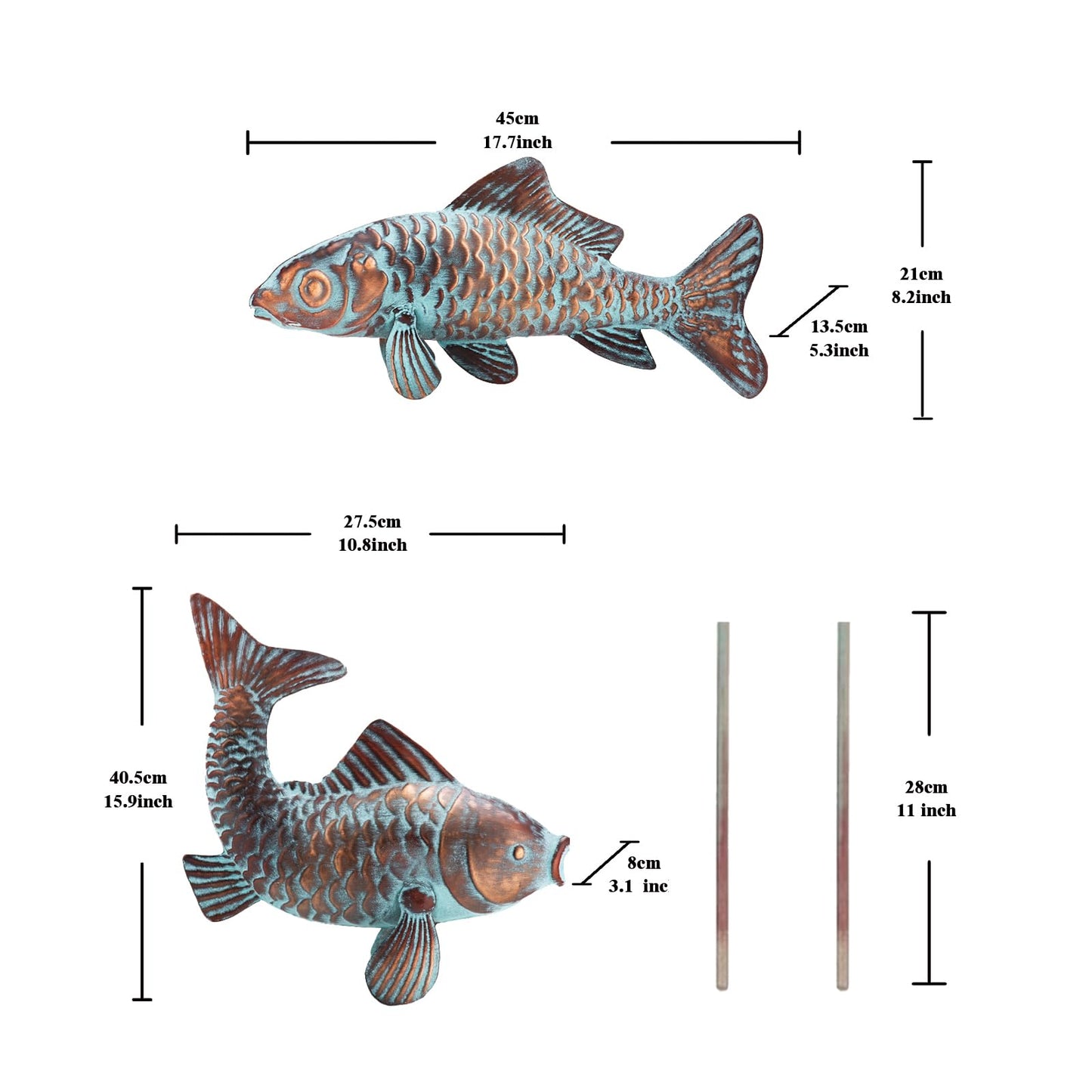 G/N Set of 2 Koi Fish Decor Outdoor Statue Sculpture Garden Pond Fishes Yard Art Antique Copper Koi Sculptures & Statues Large Metal Koi Fish Figurine Ornaments Décor Gifts for Women Mom Grandma