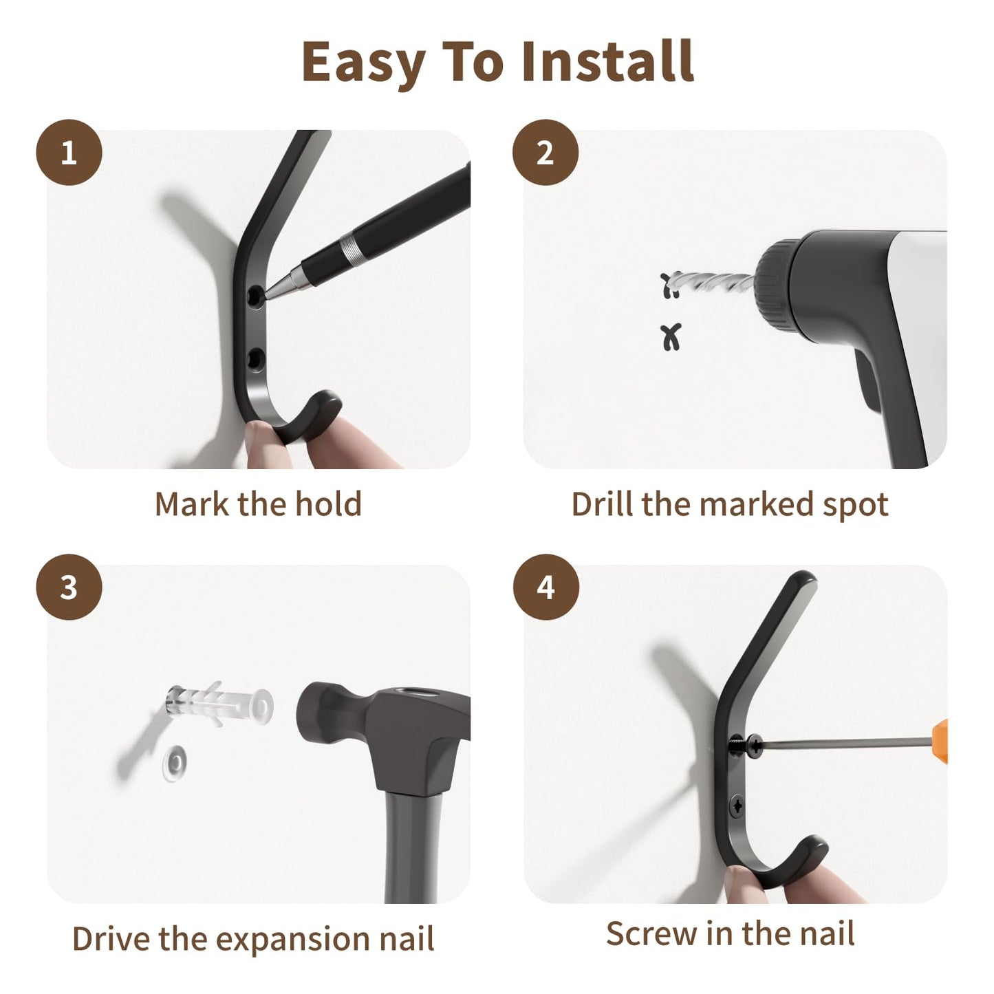 GWAAZXGZ Wall Hooks for Hanging Coats - 10 Pack Black 3.2'' Double Hook Design, Hat Organizers, Wall Mount Hangers for Bags and Keys, Perfect for Garage, Workshop, Entryway, Closet, and DIY Projects