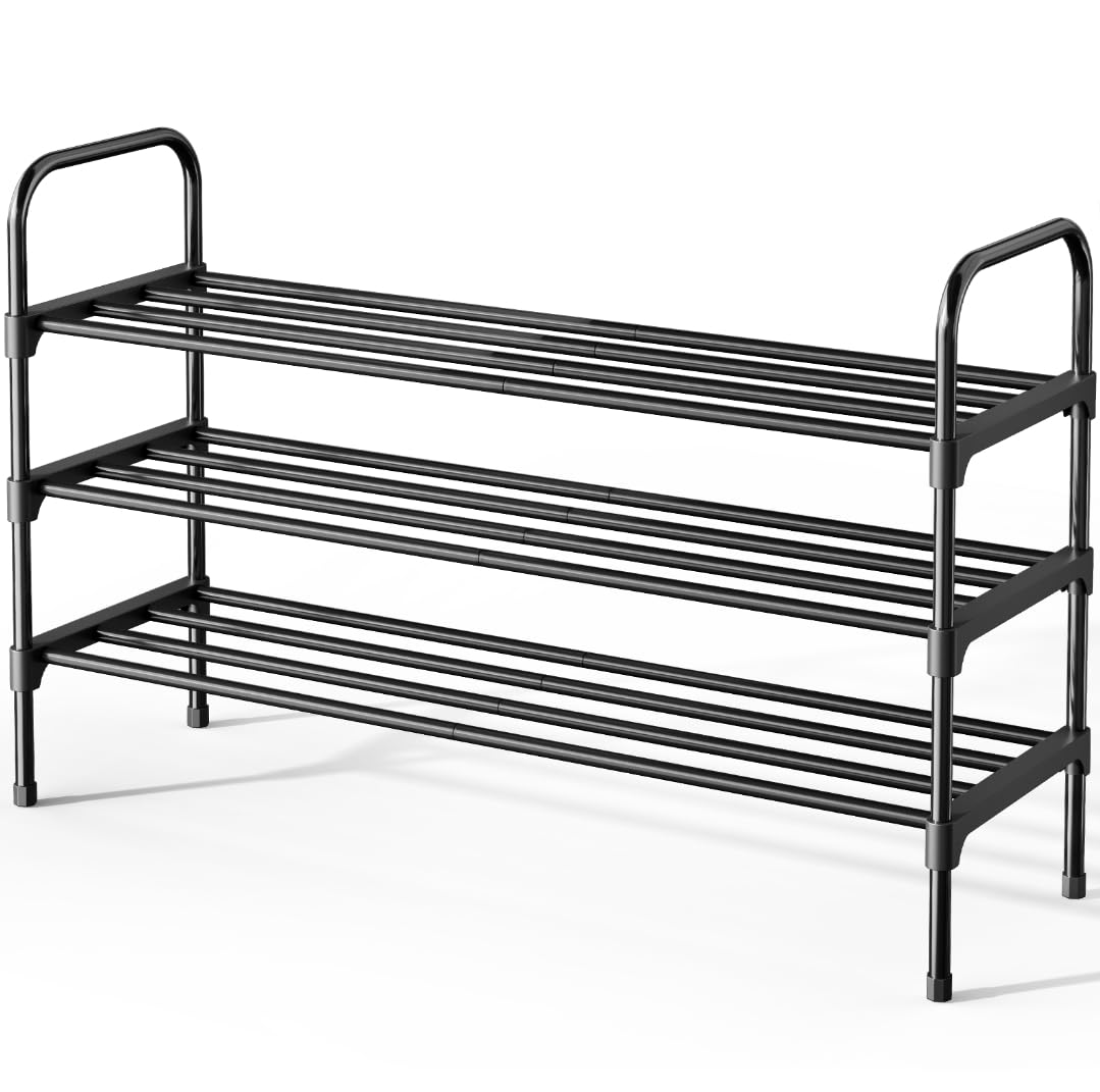 Kitsure Shoe Rack - 3-Tier Space-Saving Shoe Organizer & Shoe Shelf with Handle, Easy Assembly, Sturdy Metal Shoe Rack for Closet, Entryway, Bedroom, 28.0" x 11.8" x 25.6", Black