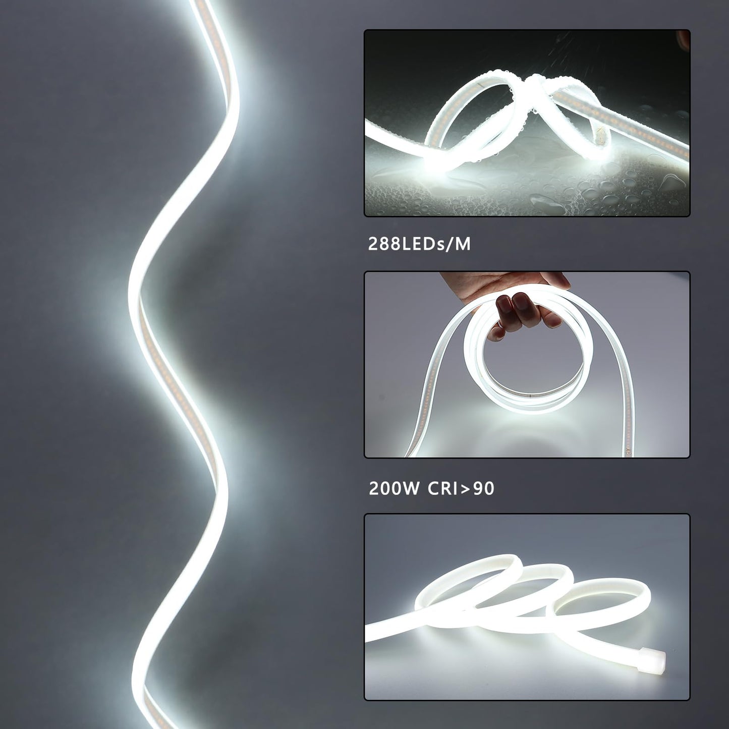 BENLUN AC 110V COB LED Strip Lights Outdoor Waterproof 65.6ft, 6000K Cool White Super Bright 200W CRI 90+ LED Rope Light, IP65 Flexible Cuttable, for Bedroom Garden Commercial House