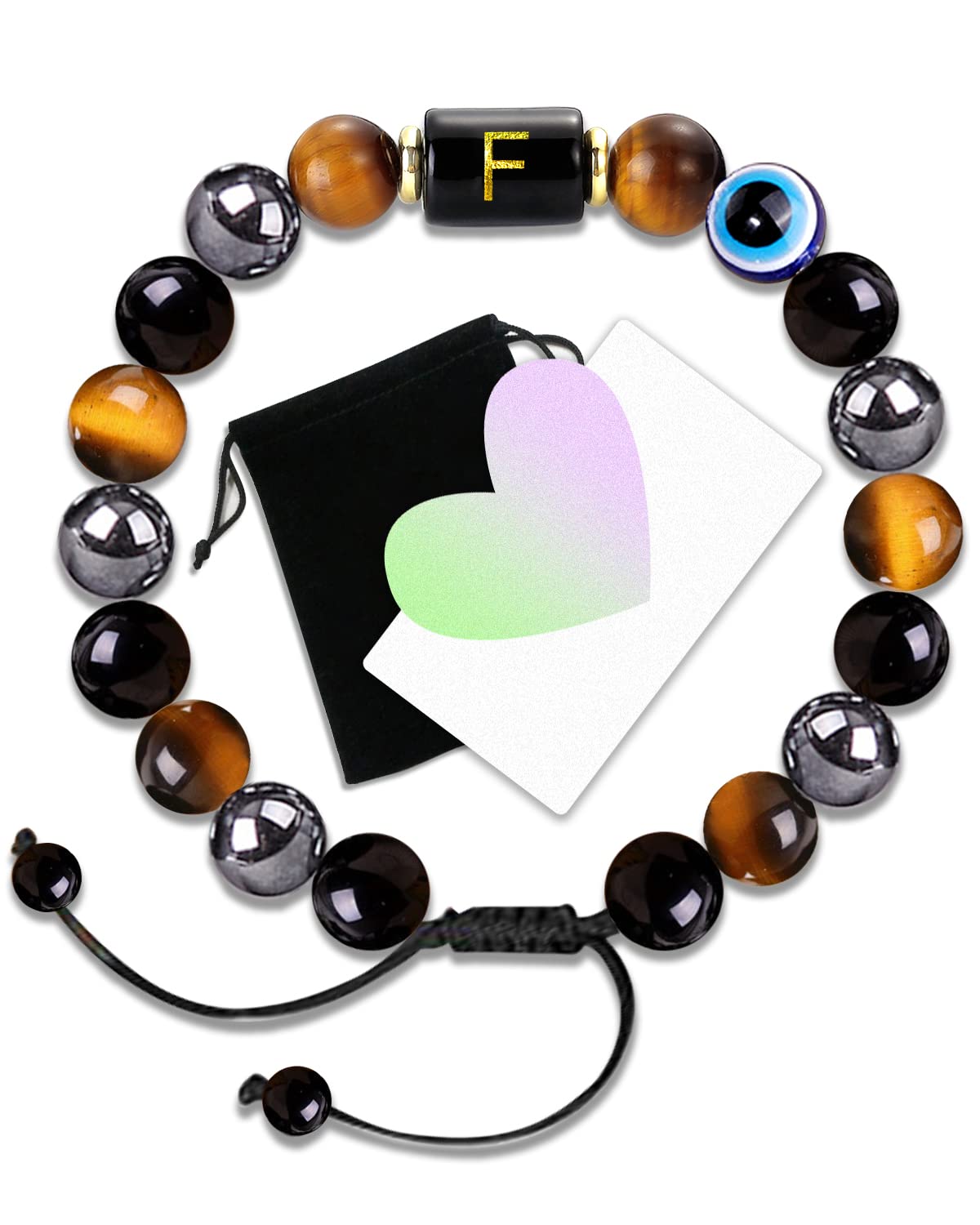 Dayka Initial Triple Protection Bracelet for Men,Black Evil Eye Tiger Eye Hematite Obsidian Good Luck Healing Crystal Stones Mens Bead Bracelet Jewelry Gift (F initial bracelet, Triple Protection)