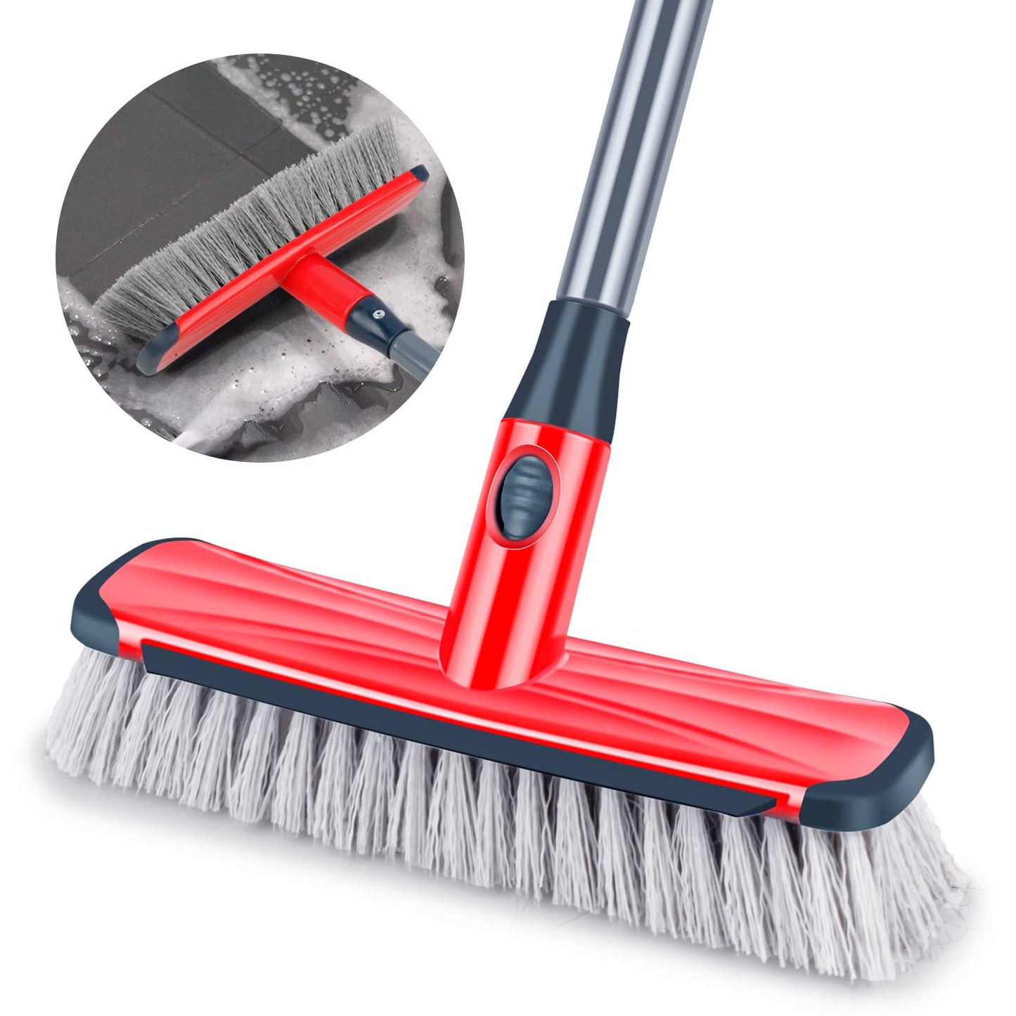 Floor Scrubber with Long Handle, 2 in 1 Scrubbing Brush Stiff Bristle Shower Cleaning Brush for Bathroom, Kitchen, Tub, Carpet, Grout, Tile(Red)