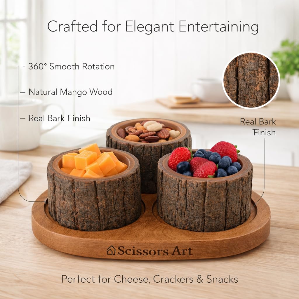 Scissors Art Wooden Dry Fruit Serving Set – 360° Rotating Divided Snack Organizer | Fruit & Veggie Platter for Party, Candy, Appetizer & Condiment Serving Bowls (3 Bowl Set)