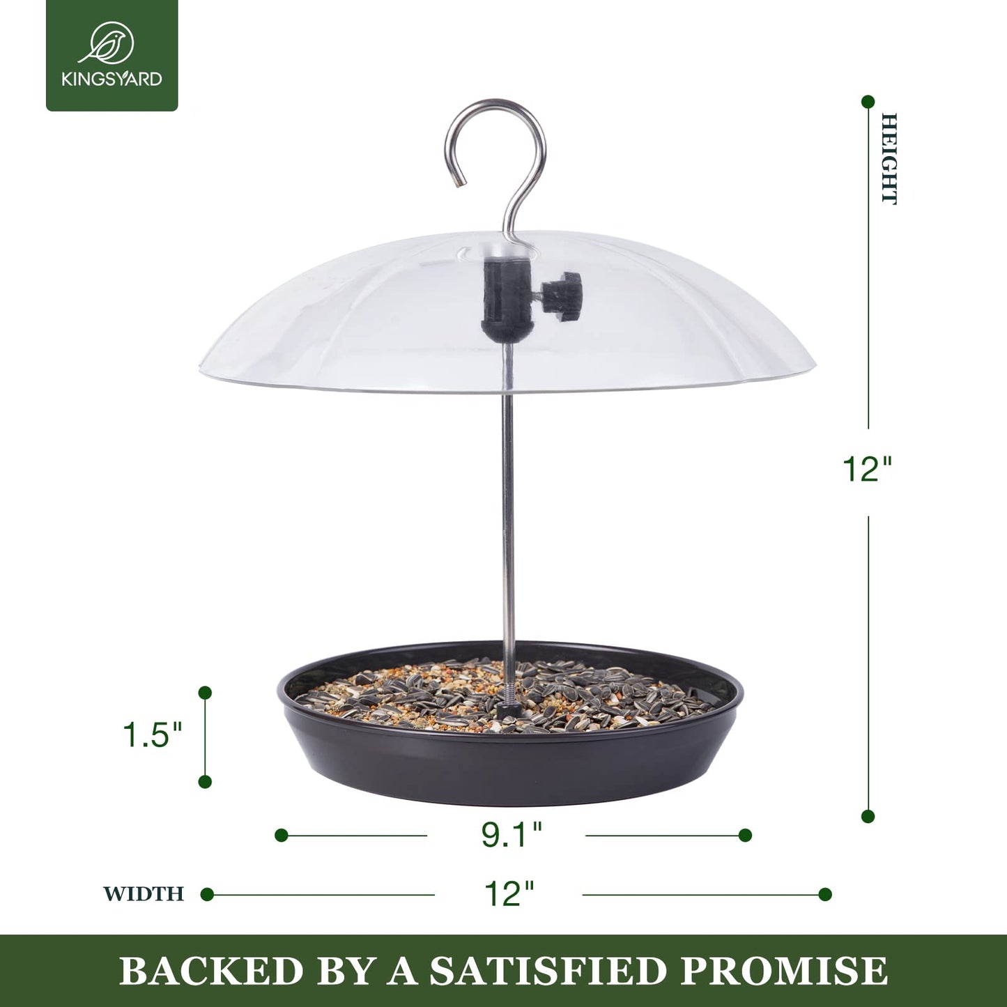 Kingsyard Adjustable Platform Bird Feeder for Outdoors, Hanging Metal Seed Tray with Clear Rain Proof Dome, Large Capacity for Wild Bluebird Cardinal Dove Mealworm, Black