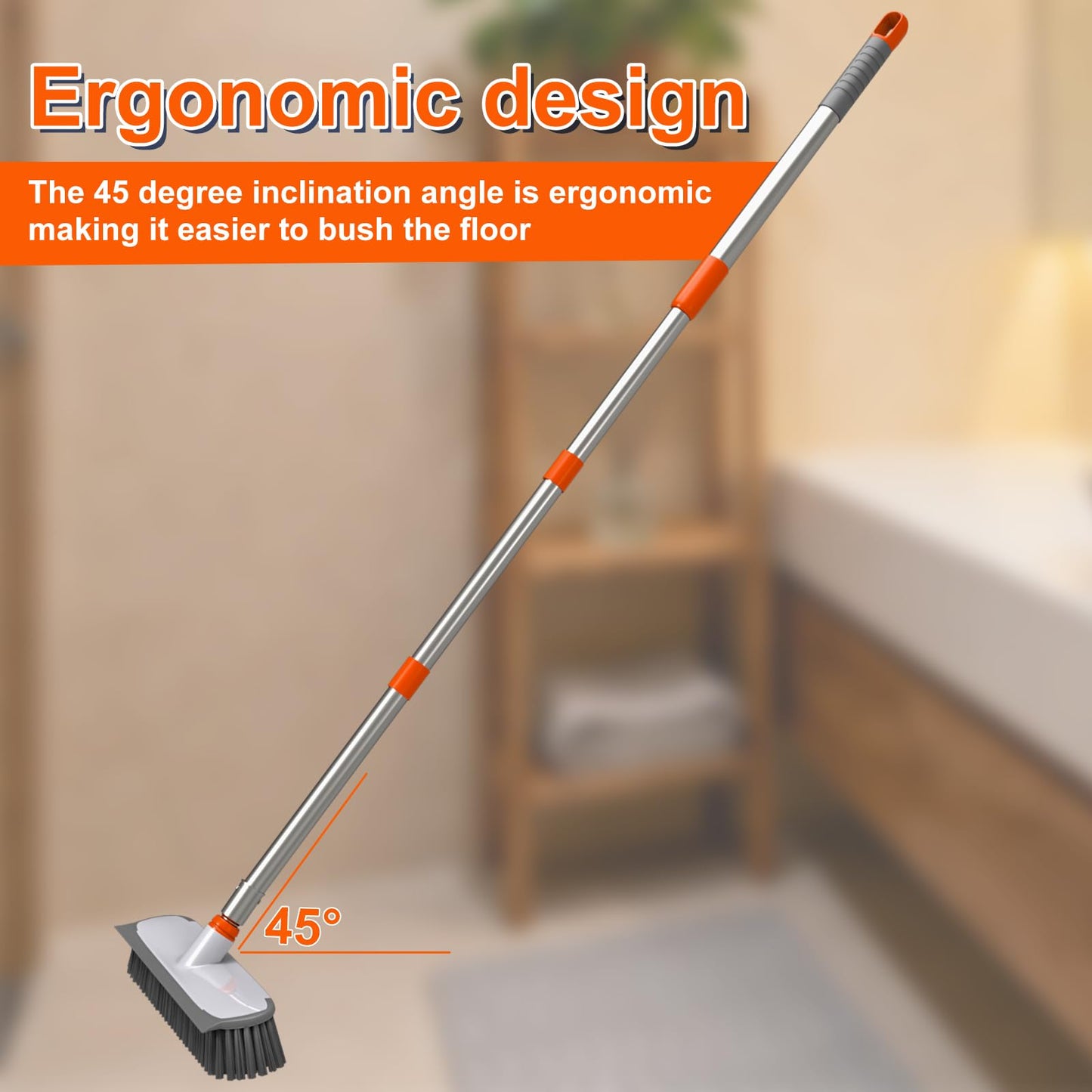 ITTAR 55" Extendable Floor Scrub Brush | 12" Wide 2-in-1 Scrub & Squeegee | Heavy-Duty Tile Scrubber Cleaner with Stiff Bristles for Shower Floor, Kitchen, Restaurant, Patio & Garage-Orange