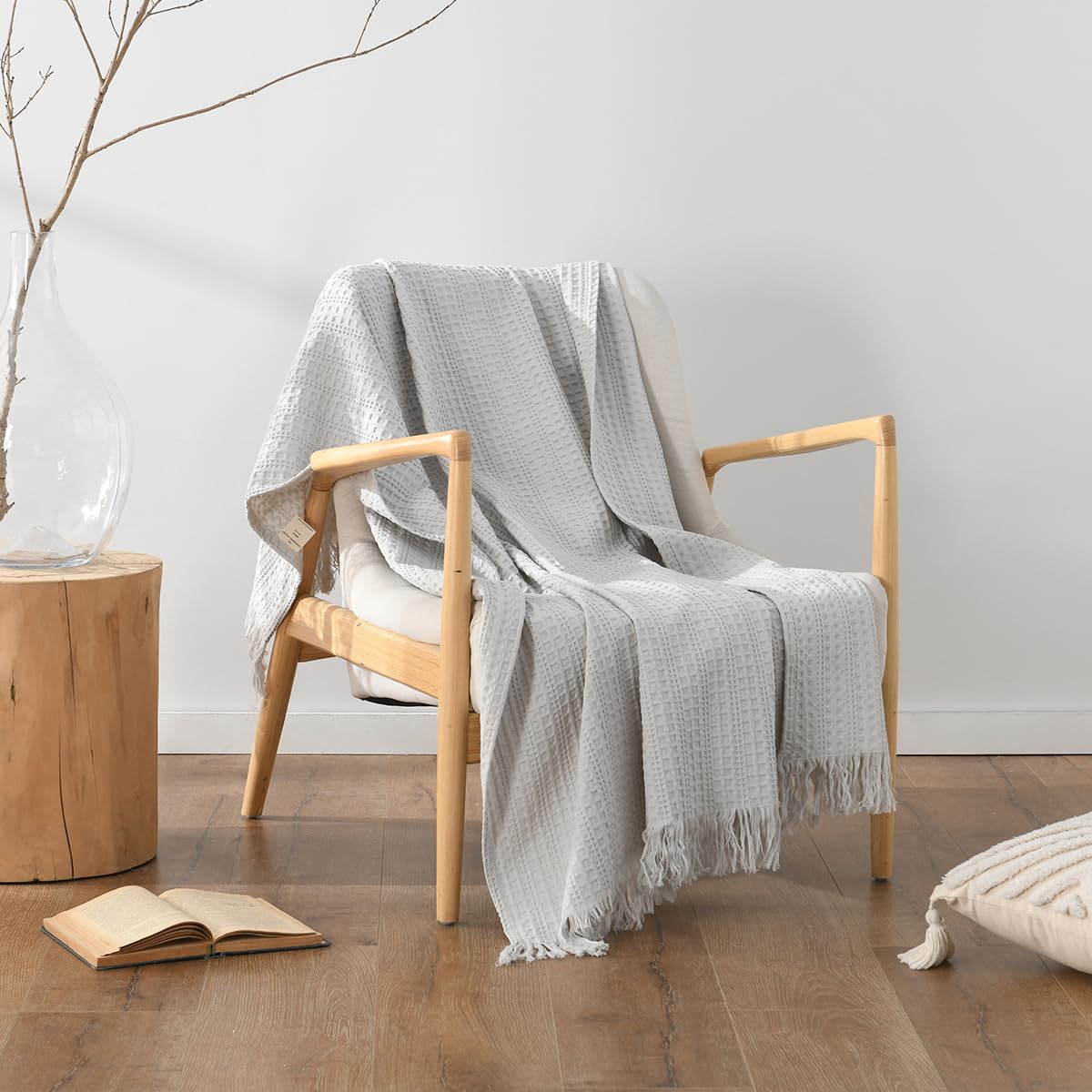 100% Cotton Waffle Blanket with Fringe, Pre-Washed Waffle Weave Blanket for All Season, Lightweight Breathable Soft Cozy Throw Blanket for Couch, Bed, Travel (Light Grey - 50x60 Inches)