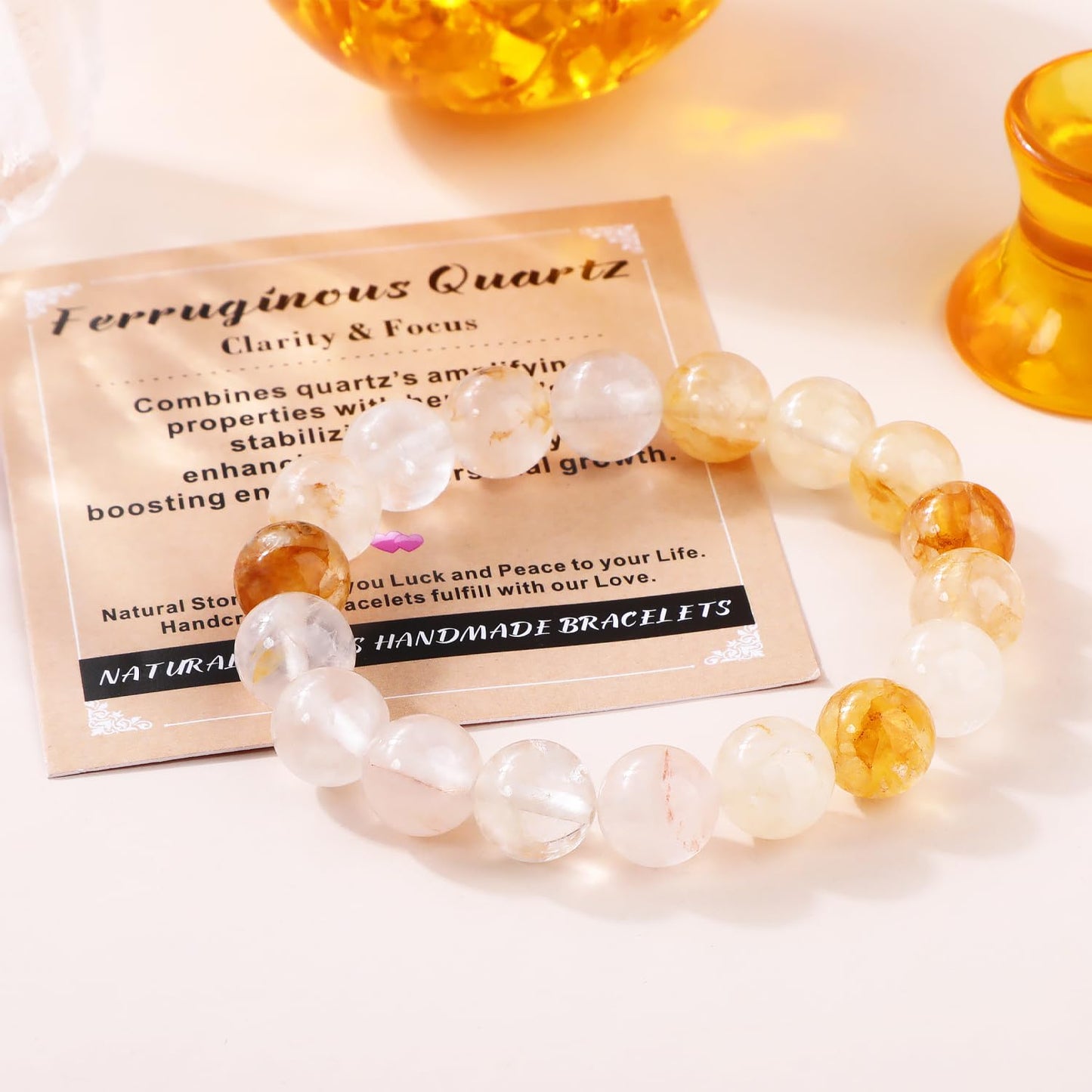 AD Beads 6mm Handmade Ferruginous Quartz Elastic Bracelet – Natural Gemstone for Clarity & Focus – Meditation, Yoga, Healing and Energy Gift for Men Women