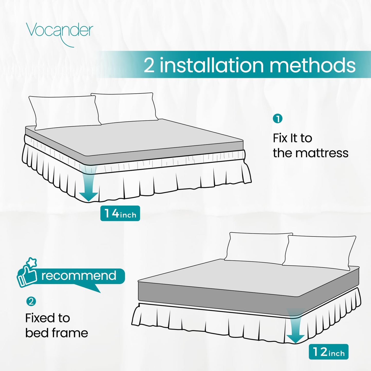 Vocander White Queen Size Bed Skirt 14 Inch Drop, Elastic Wrap Around Dust Ruffle Bed Skirting Easy to Install, Adjustable Tailored Bedskirts Fade & Wrinkle Resistant, Bedroom Decor